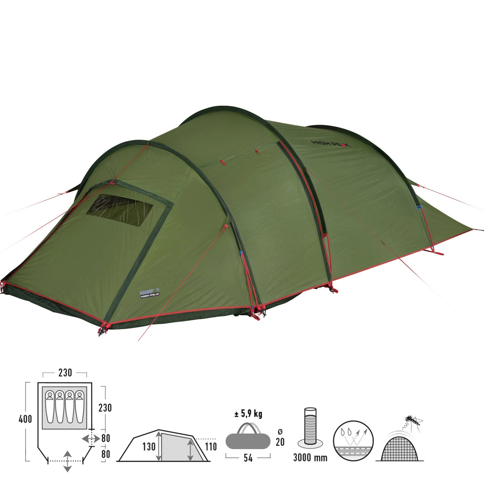 Tente de trekking HIGH PEAK Falcon Tente tunnel 4 personnes Vestibule de camping lumineux