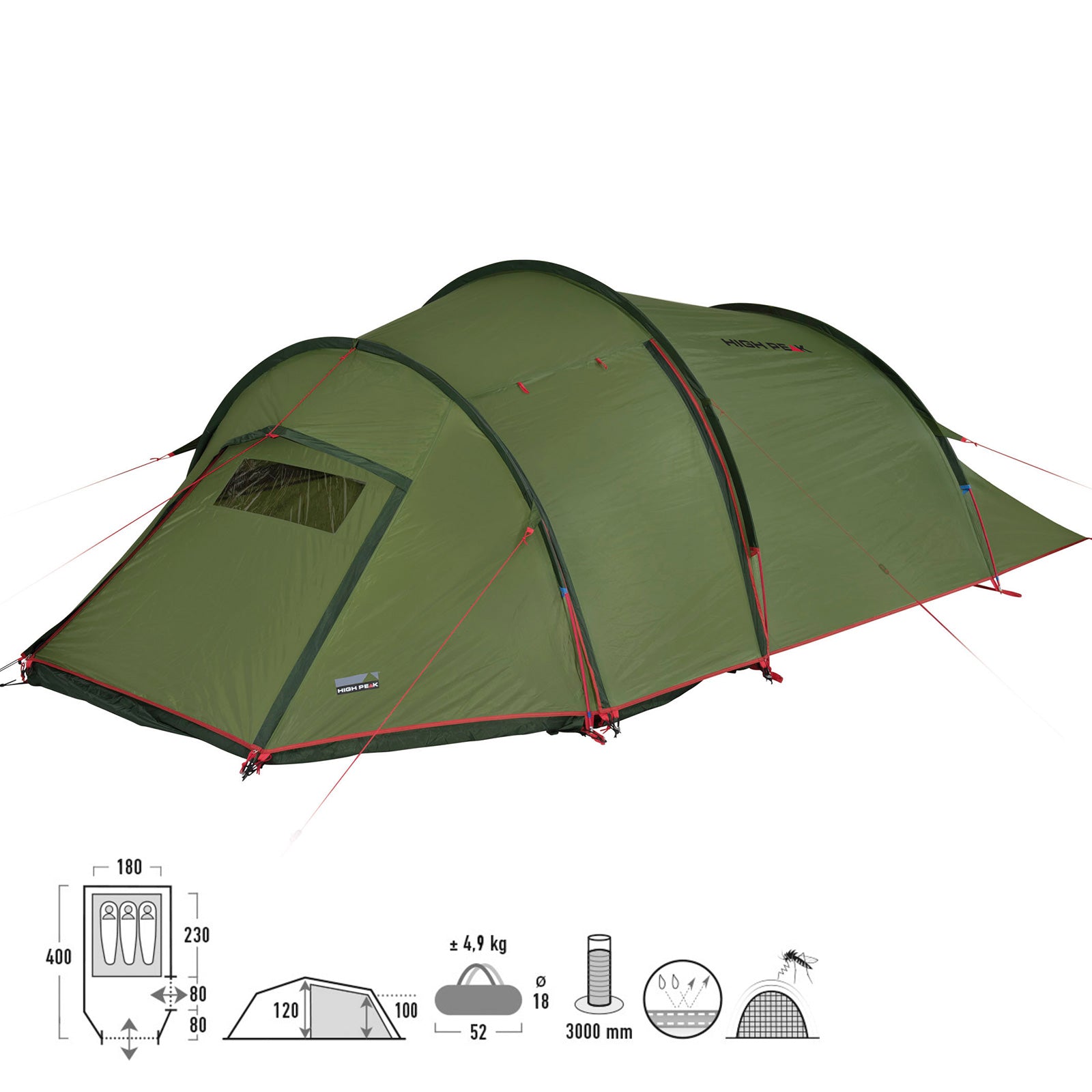 HIGH PEAK tunnel tent Falcon 3 person camping tent trekking tent vestibule 4.9 kg