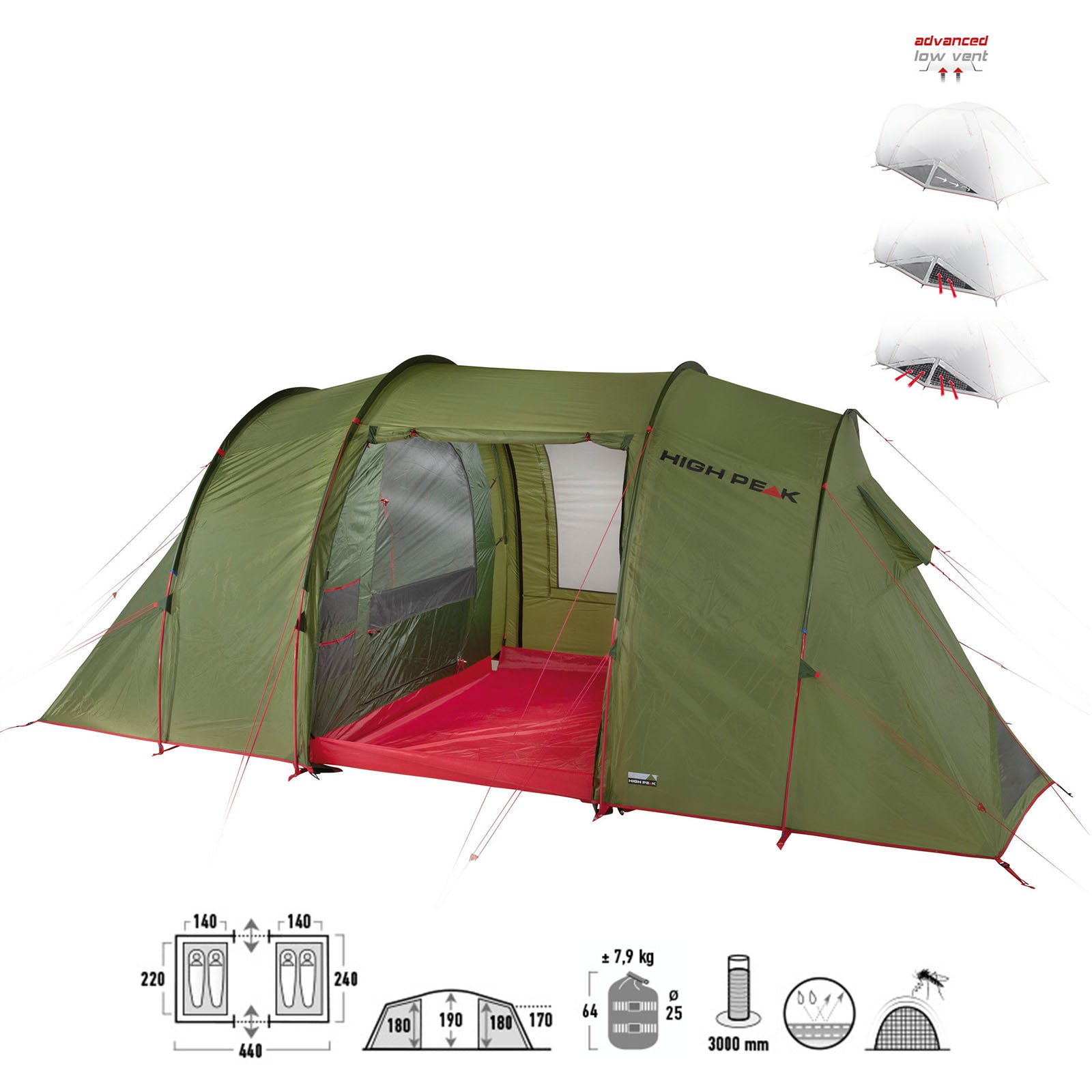 Tente tunnel HIGH PEAK Goose LW 4 personnes camping groupe tente familiale vestibule