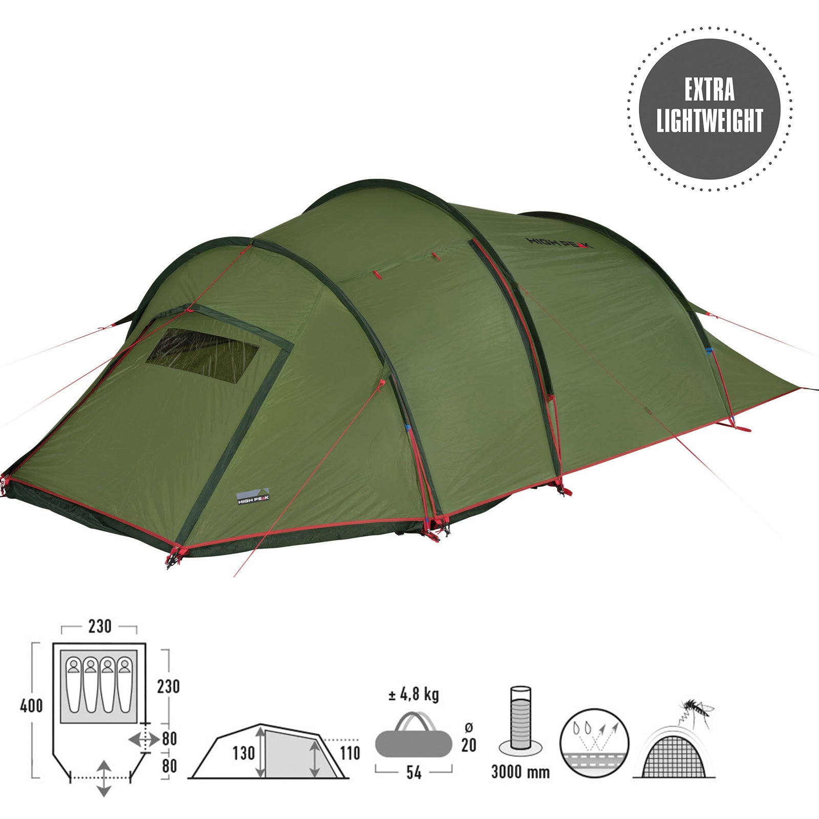 HIGH PEAK Trekkingzelt Falcon 4 LW Personen Tunnel Zelt Camping Alu Leicht 4,8kg