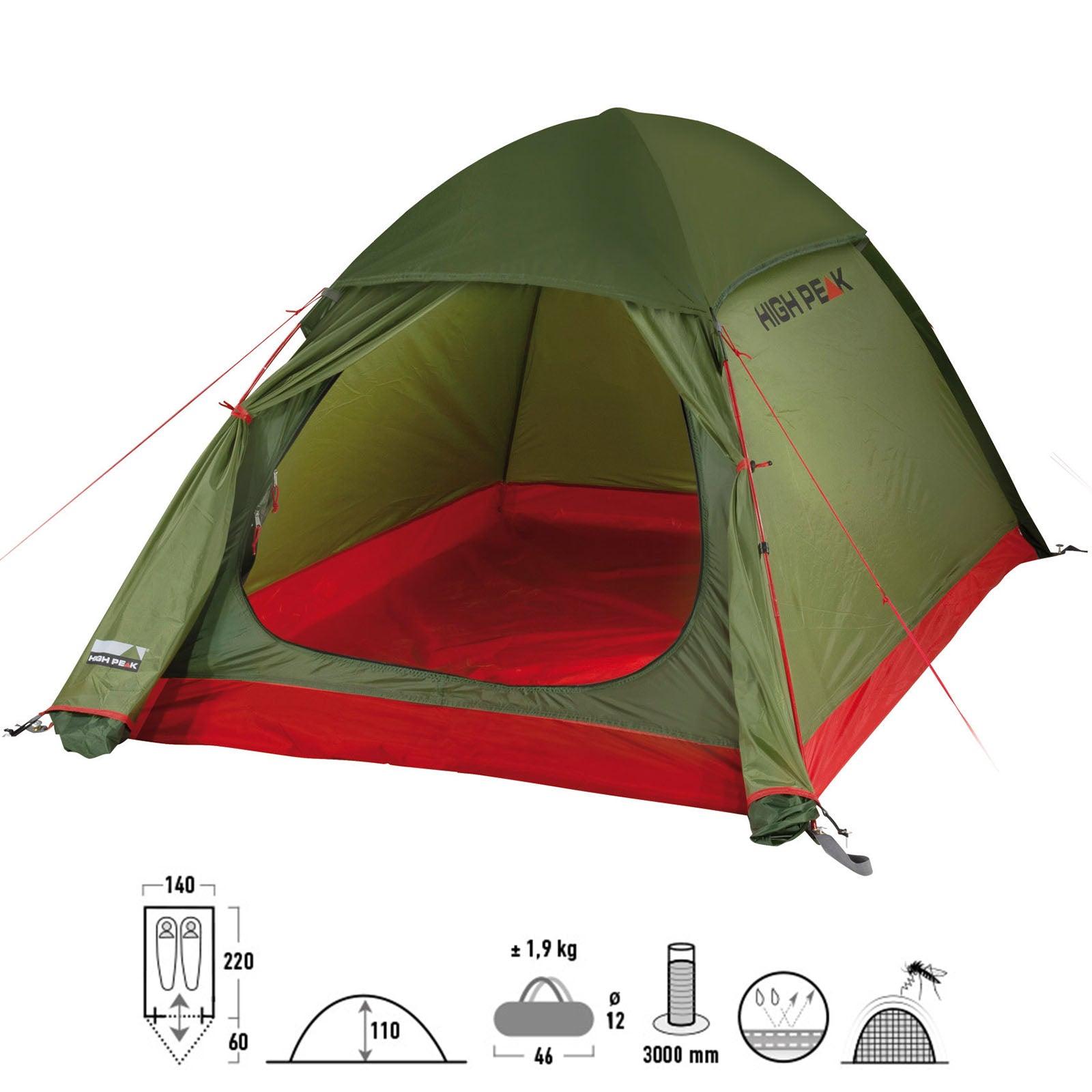 HIGH PEAK Trekkingzelt Kingfisher LW 2 Personen Camping Fahrrad Einmann Zelt 2kg