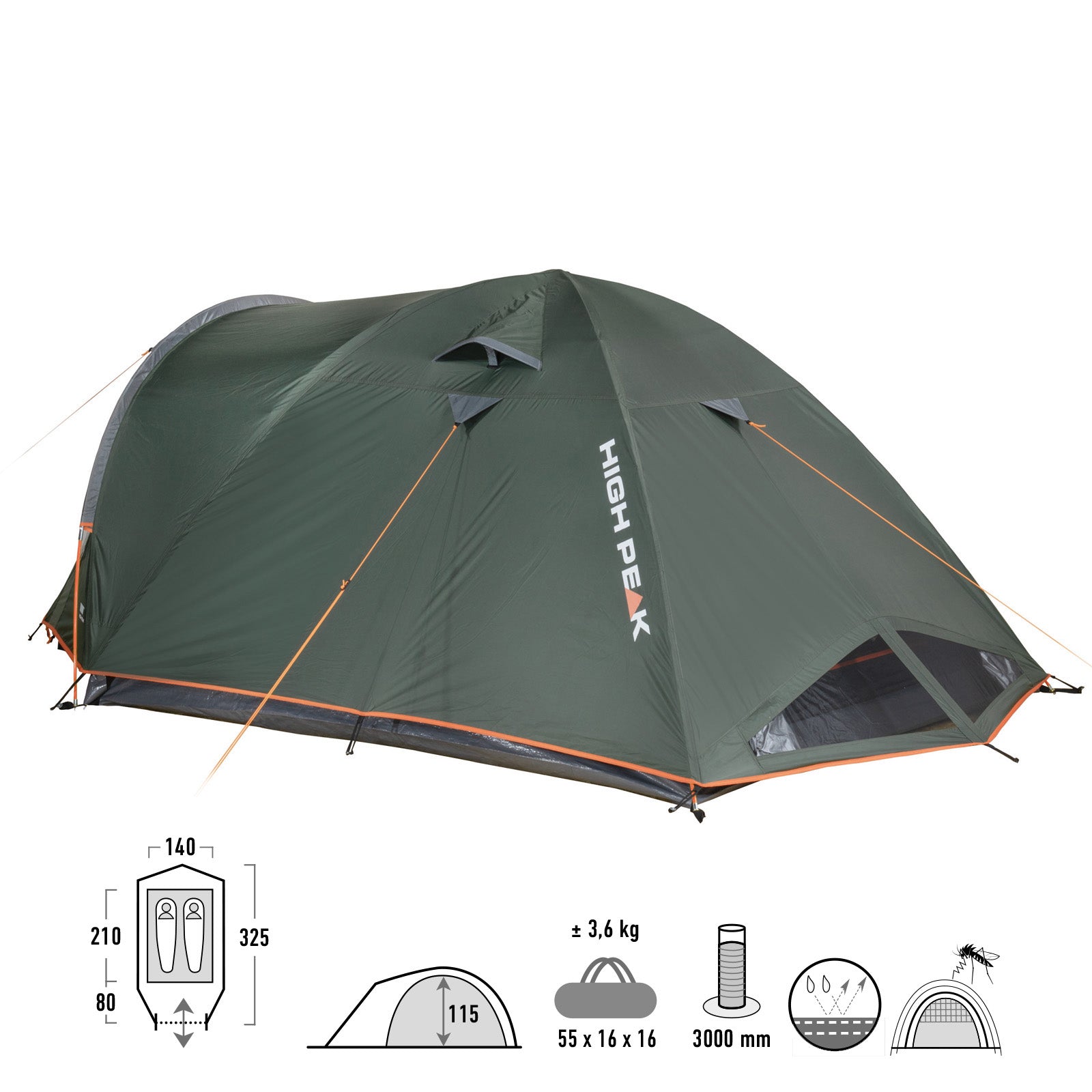 Tente dôme HIGH PEAK Nevada pour 2, 3 ou 4 personnes, tente igloo de camping avec vestibule