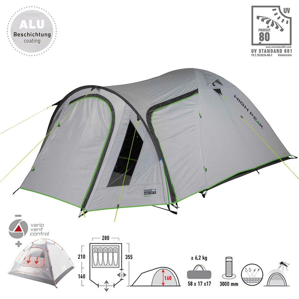 HIGH PEAK Dome Tent Kira 3 4 5 Persons Igloo Tent Camping Trekking Vestibule