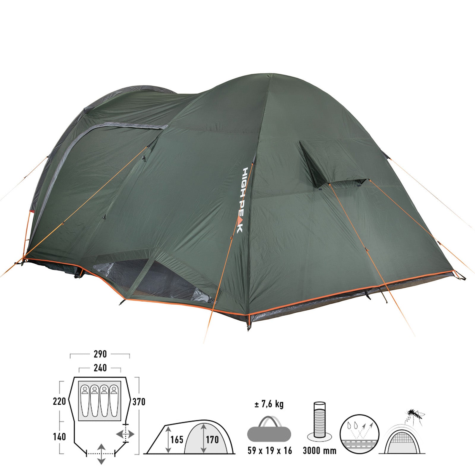 HIGH PEAK dome tent Tessin 4 people camping igloo tent family tent vestibule