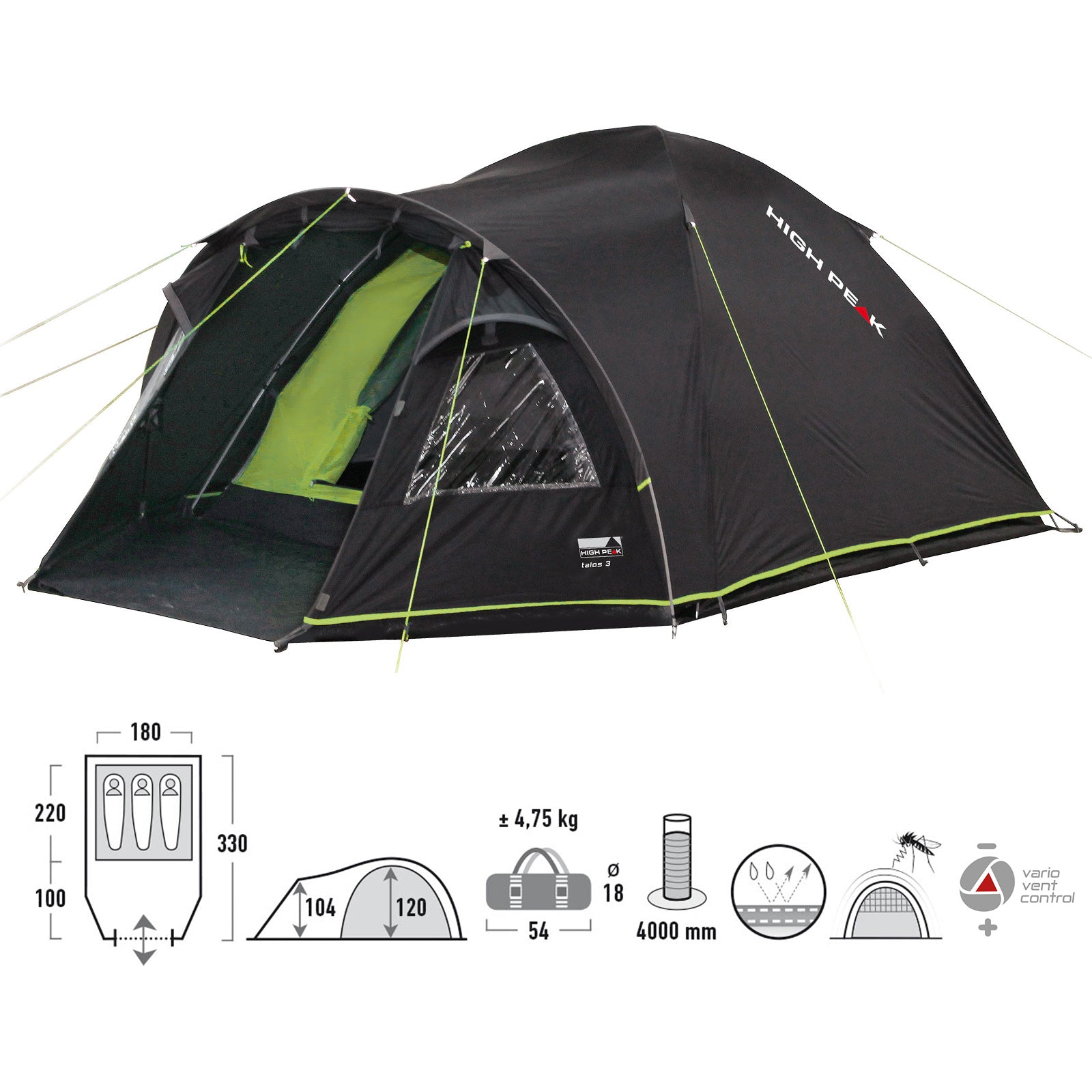 Tente Igloo HIGH PEAK Talos Tente Dôme de Camping 3 Personnes Tente de Trekking à Vélo