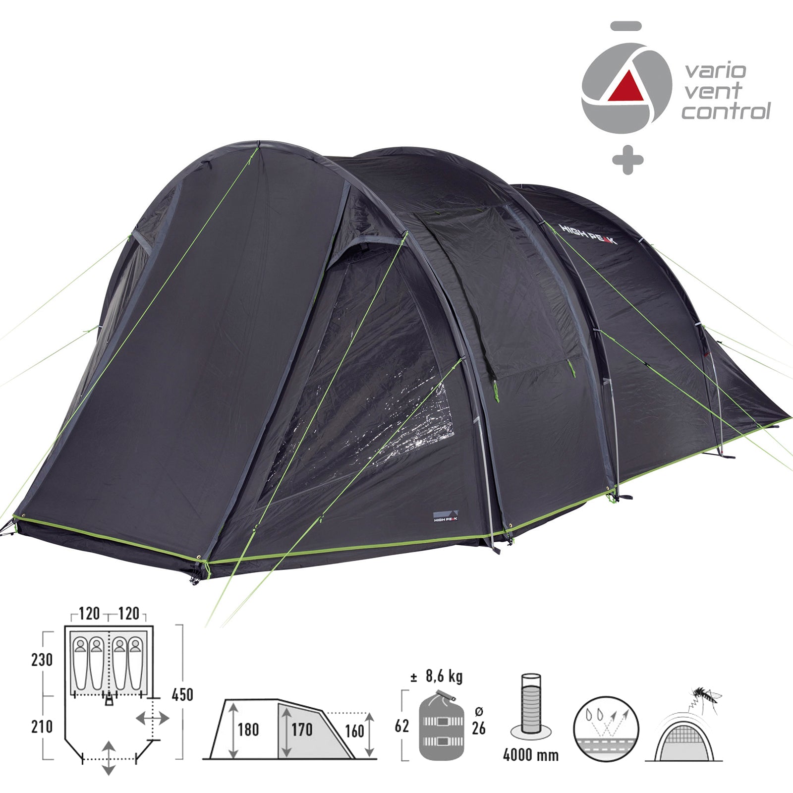 HIGH PEAK tunnel tent Paxos 4 people camping group tent family tent vestibule
