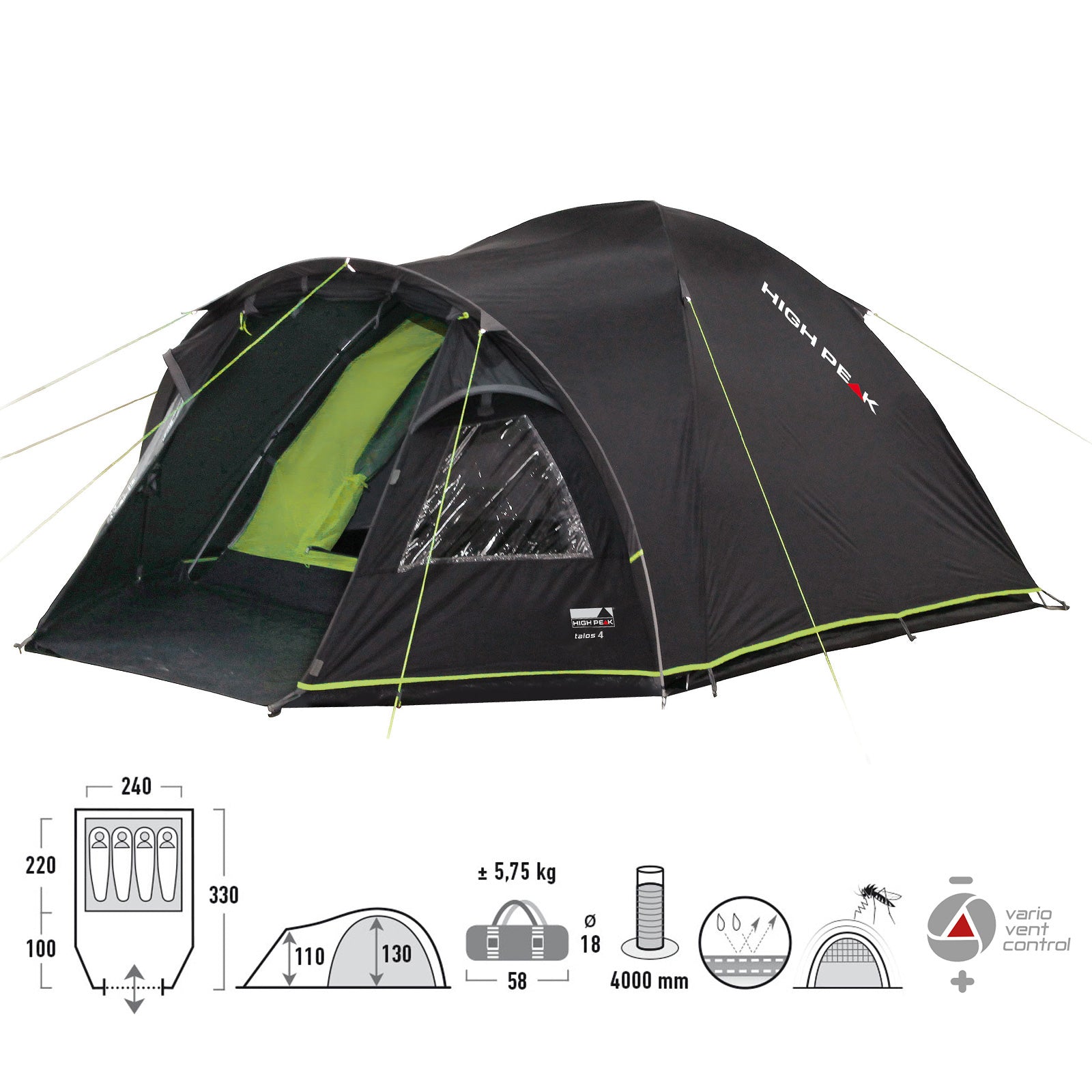 Tente Igloo HIGH PEAK Talos 4 Personnes Tente Dôme de Camping Tente de Trekking à Vélo