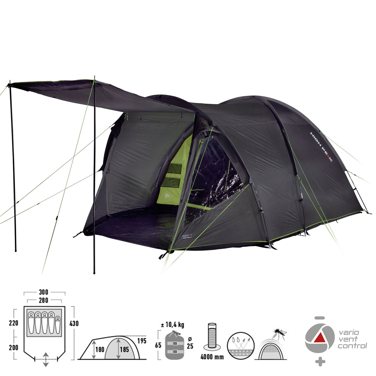 HIGH PEAK dome tent Samos 5 family tent 5 person camping tent large vestibule