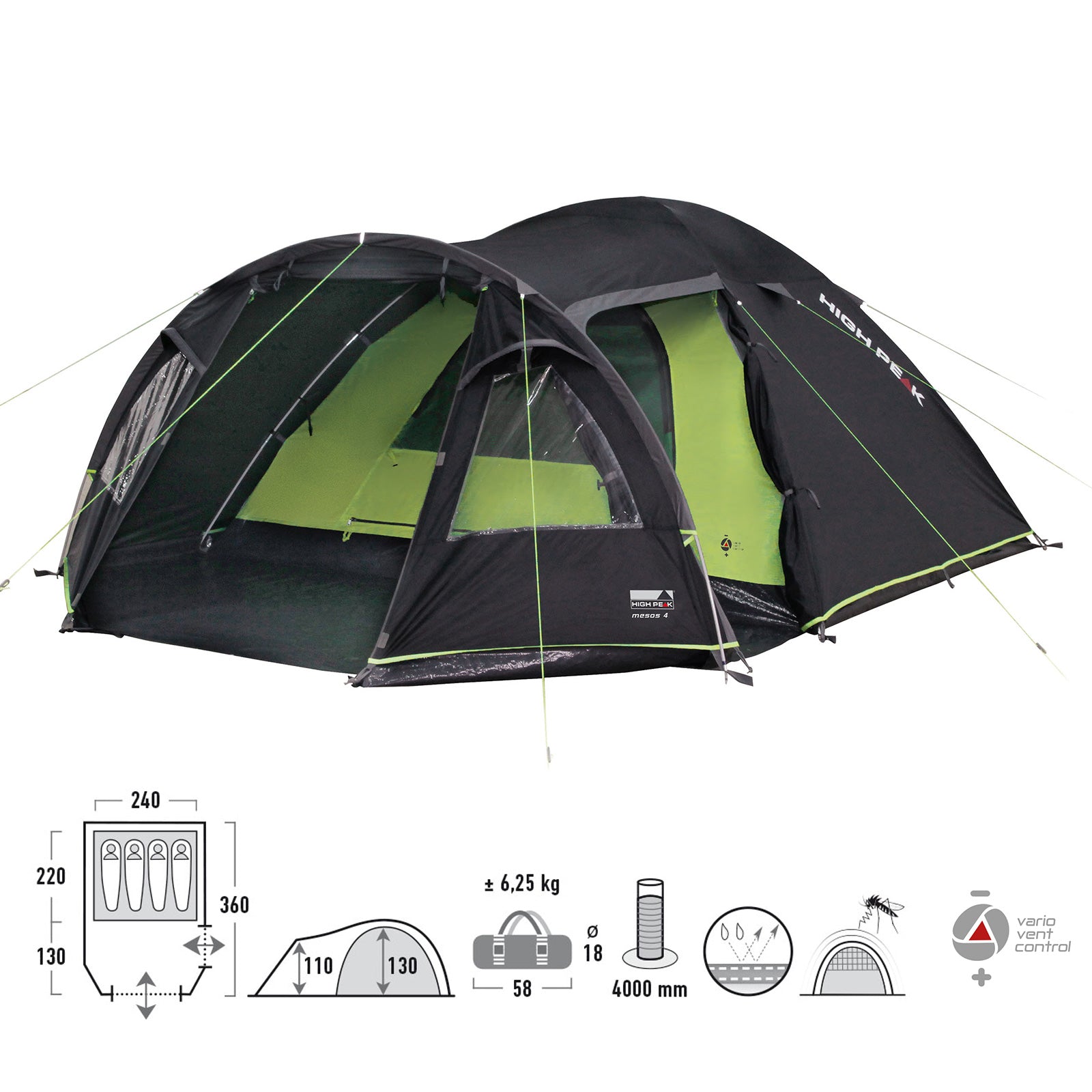 HIGH PEAK Iglu Zelt Mesos 4 Personen Camping Kuppelzelt Trekking Zelt Vorraum