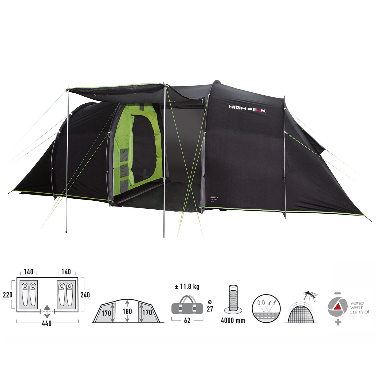 Tente tunnel HIGH PEAK Tauris Tente de camping pour groupe 4 personnes Tente familiale Vestibule