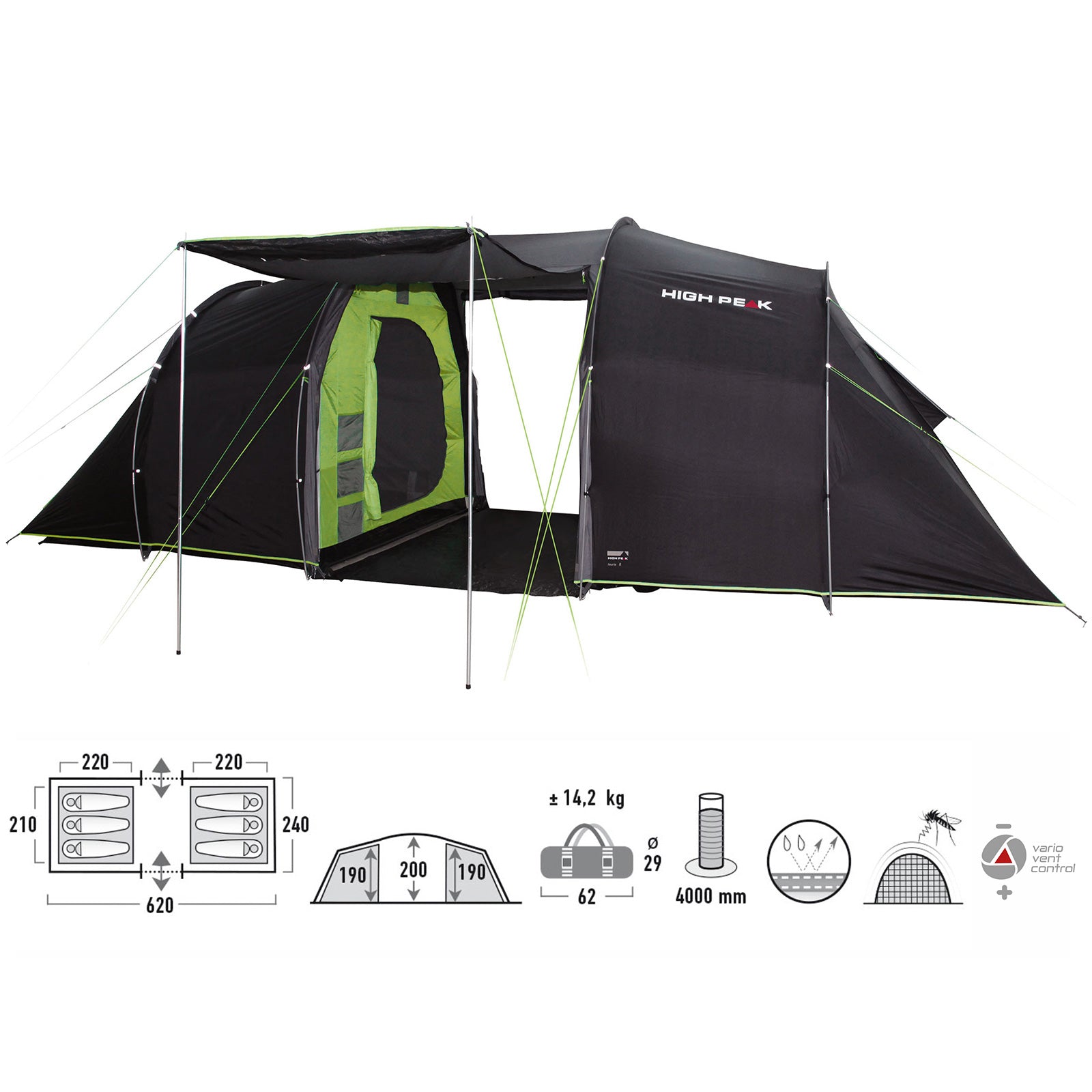 HIGH PEAK tunnel tent Tauris 6 people camping group tent family tent vestibule