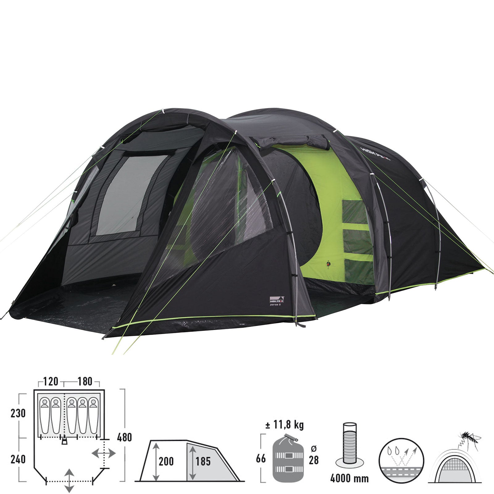 HIGH PEAK Tunnelzelt Paros 5 Personen Camping Familien Zelt 2 Kabinen Vorraum