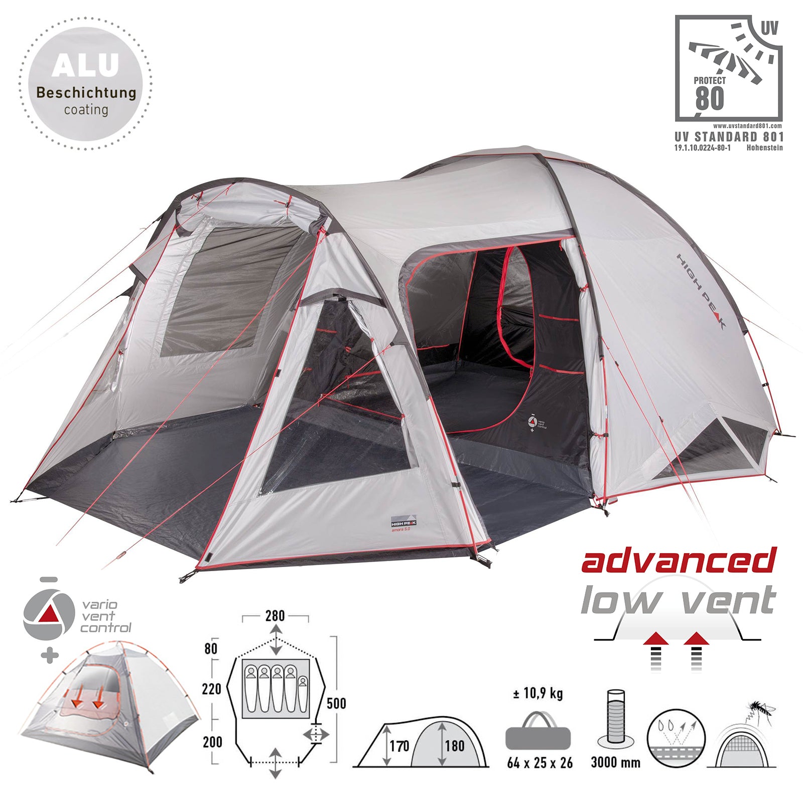 HIGH PEAK dome tent Amora 5 people camping igloo tent family tent vestibule