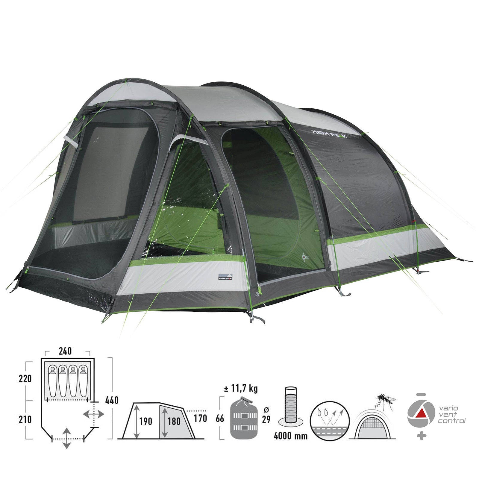 HIGH PEAK tunnel tent Meran 4.0 person camping family tent 2 cabins vestibule