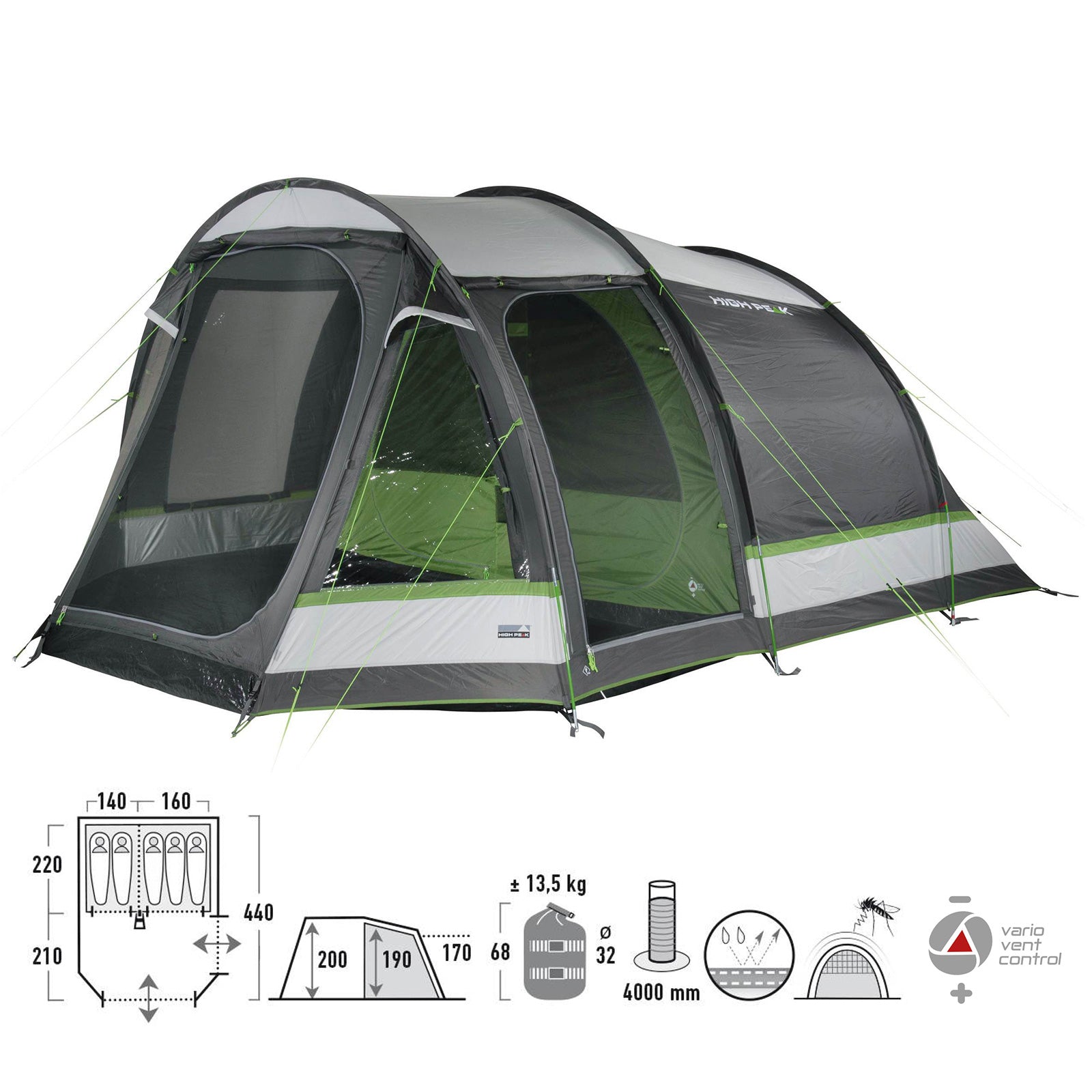 HIGH PEAK tunnel tent Meran 5.0 person camping family tent 2 cabins vestibule