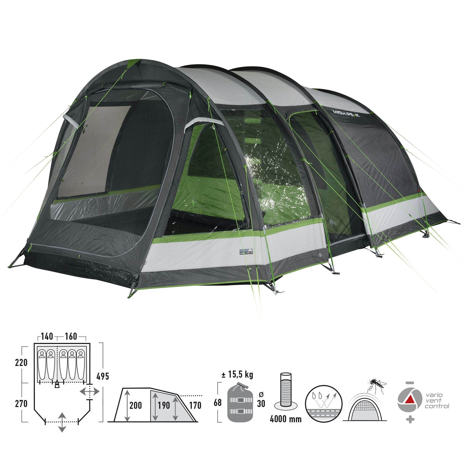 HIGH PEAK Bozen 5 person family tent XL tunnel tent festival tent vestibule large