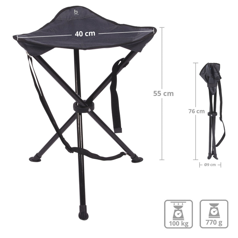Tabouret trépied BO-CAMP XL - Tabouret haut pliant pour camping, pêche, 3 pieds, acier, 100 kg