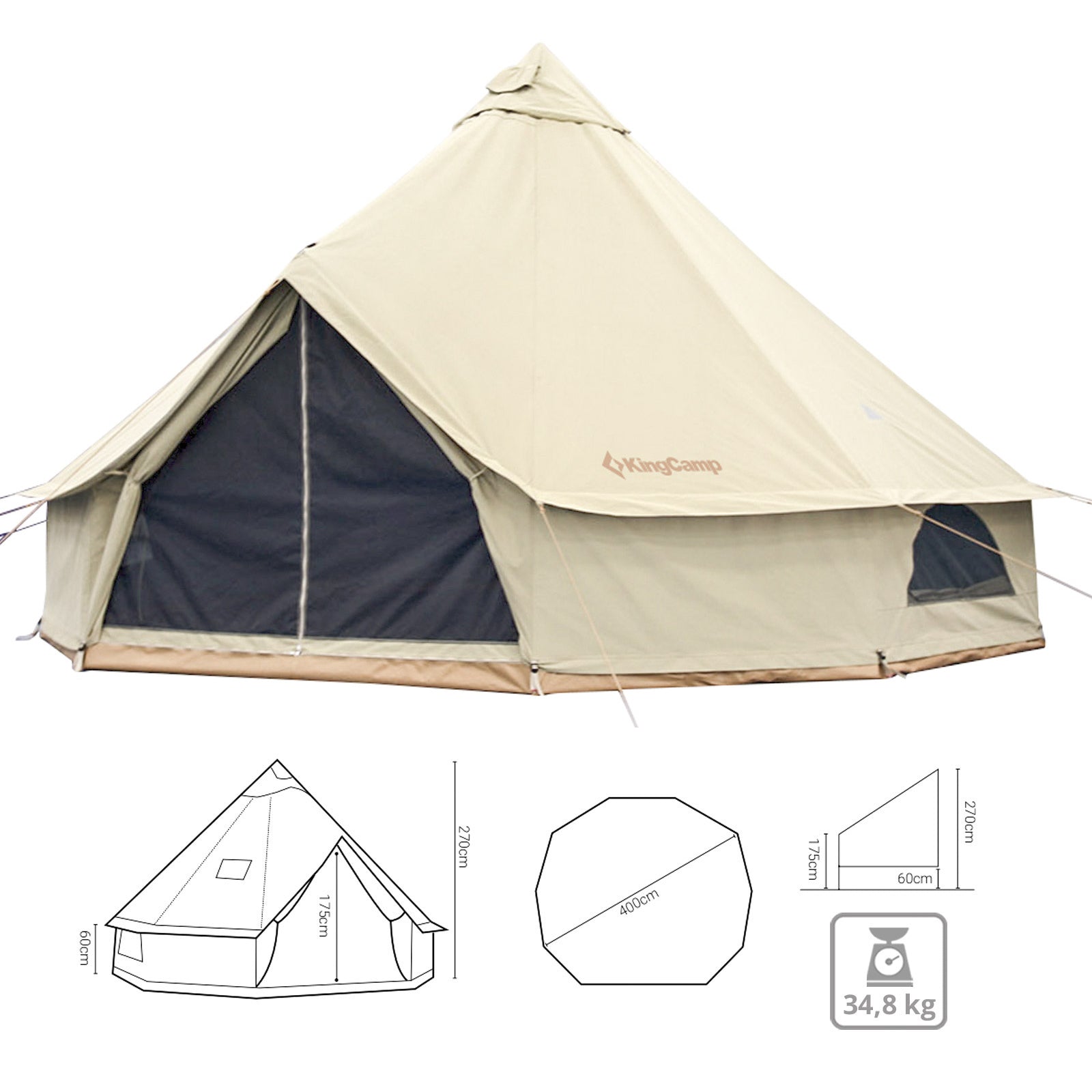 Tente Tipi Kingcamp Khan 400 pour 6 personnes, tente familiale en coton