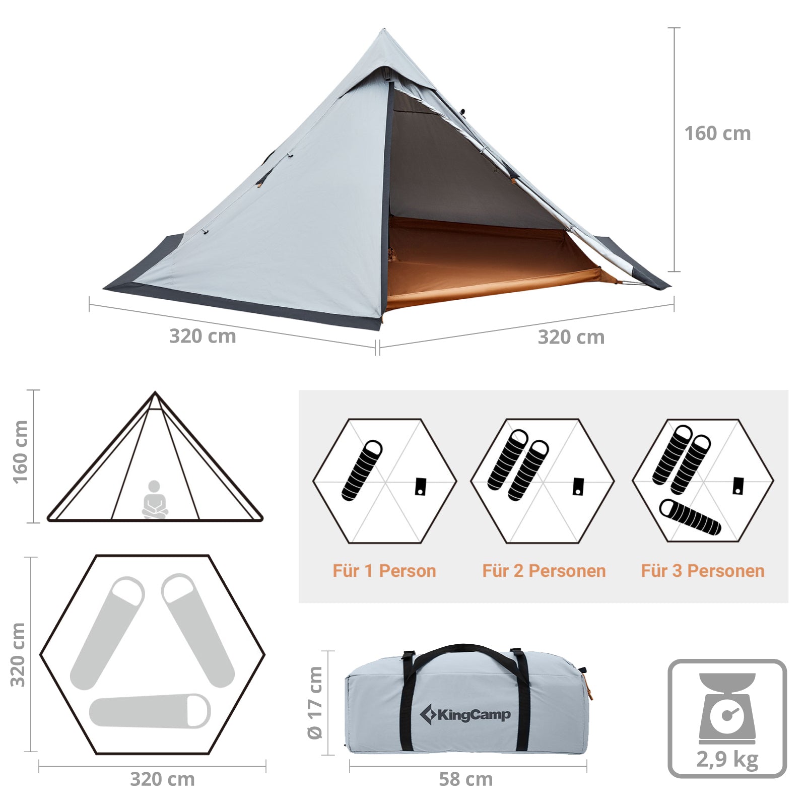 KINGCAMP Tipi Torino Light 1-2 Personen Camping Trekking Haus Zelt Tepee Leicht