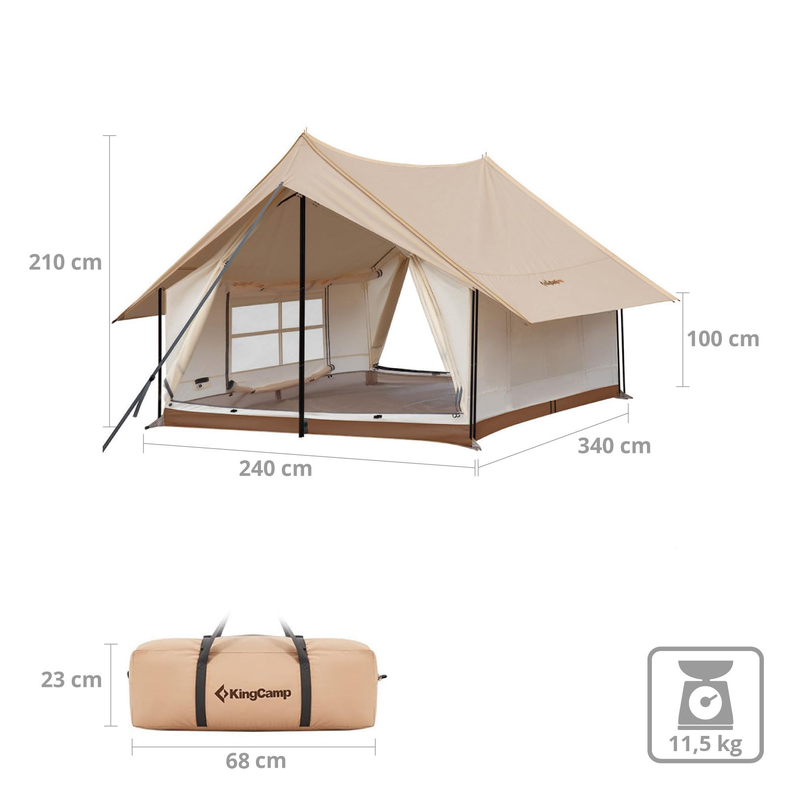 Tente de camping familiale KINGCAMP Pinehouse II pour 3 à 4 personnes, en coton