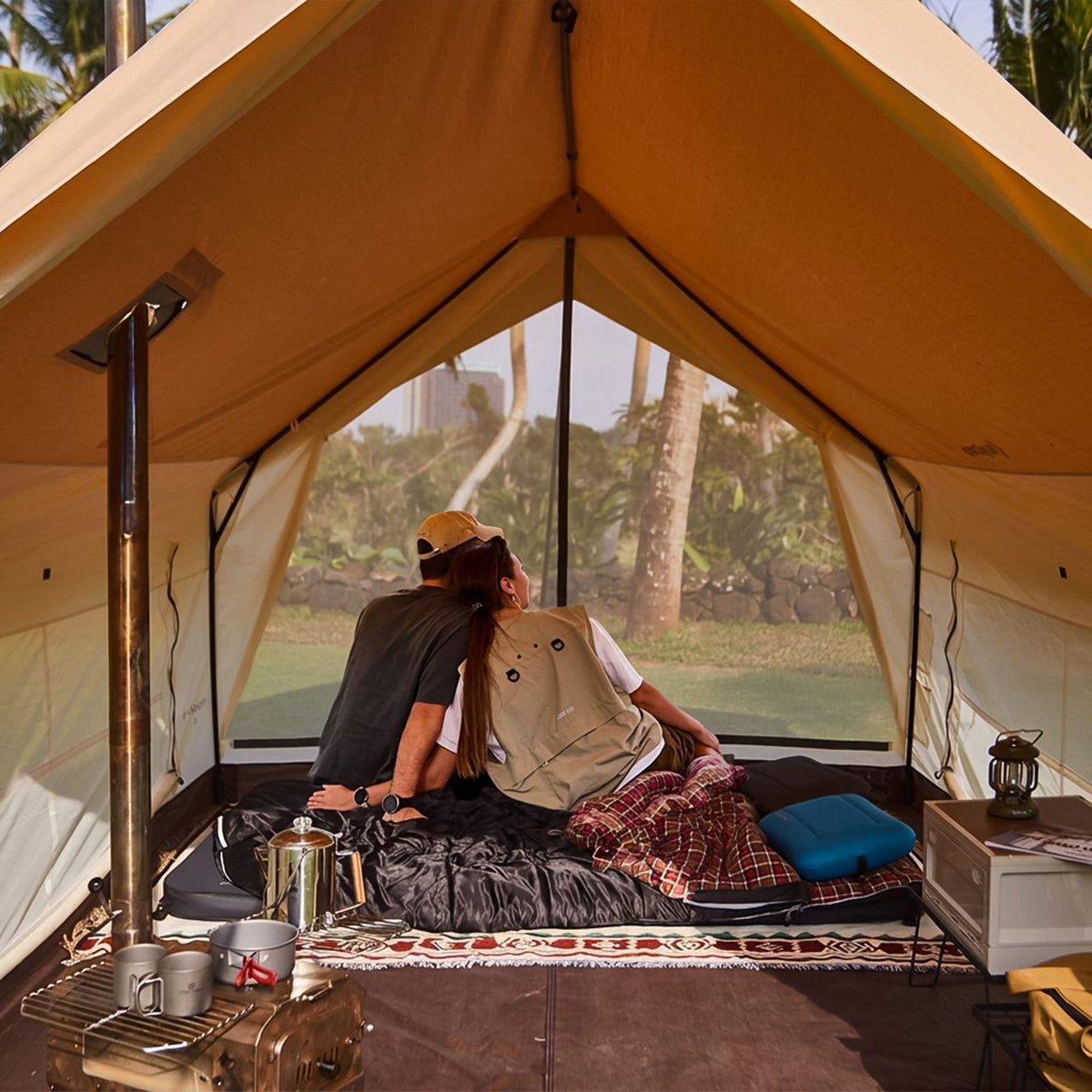 KINGCAMP Pinehouse III-tent, familietent voor 5 personen, katoenen kampeertent