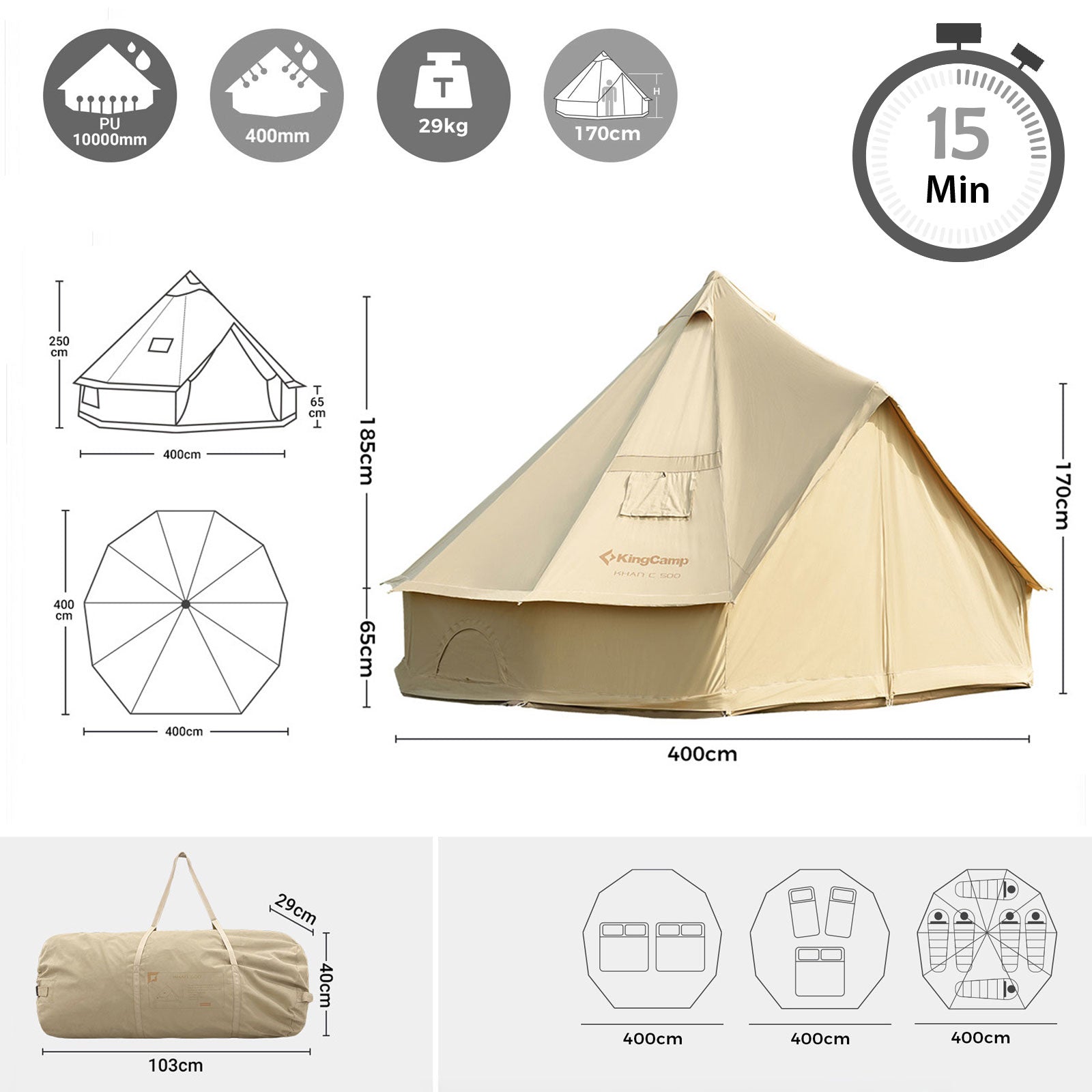 KINGCAMP Tipi Zelt Khan X 400 Familienzelt Glockenzelt 6 Personen Zelt Baumwolle