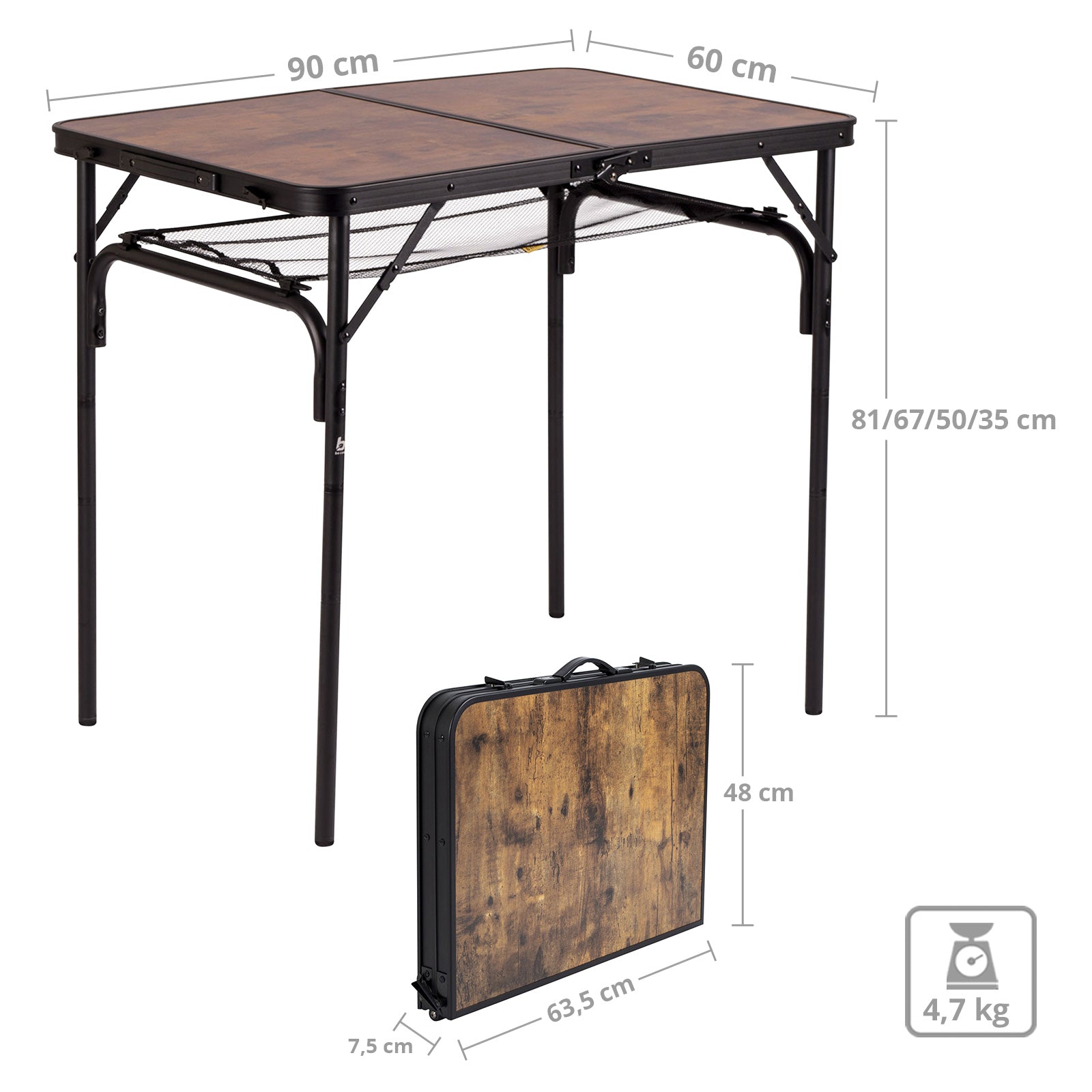 Table de camping pliante BO-CAMP Decatur, table pliante pliable en aluminium, 4 hauteurs