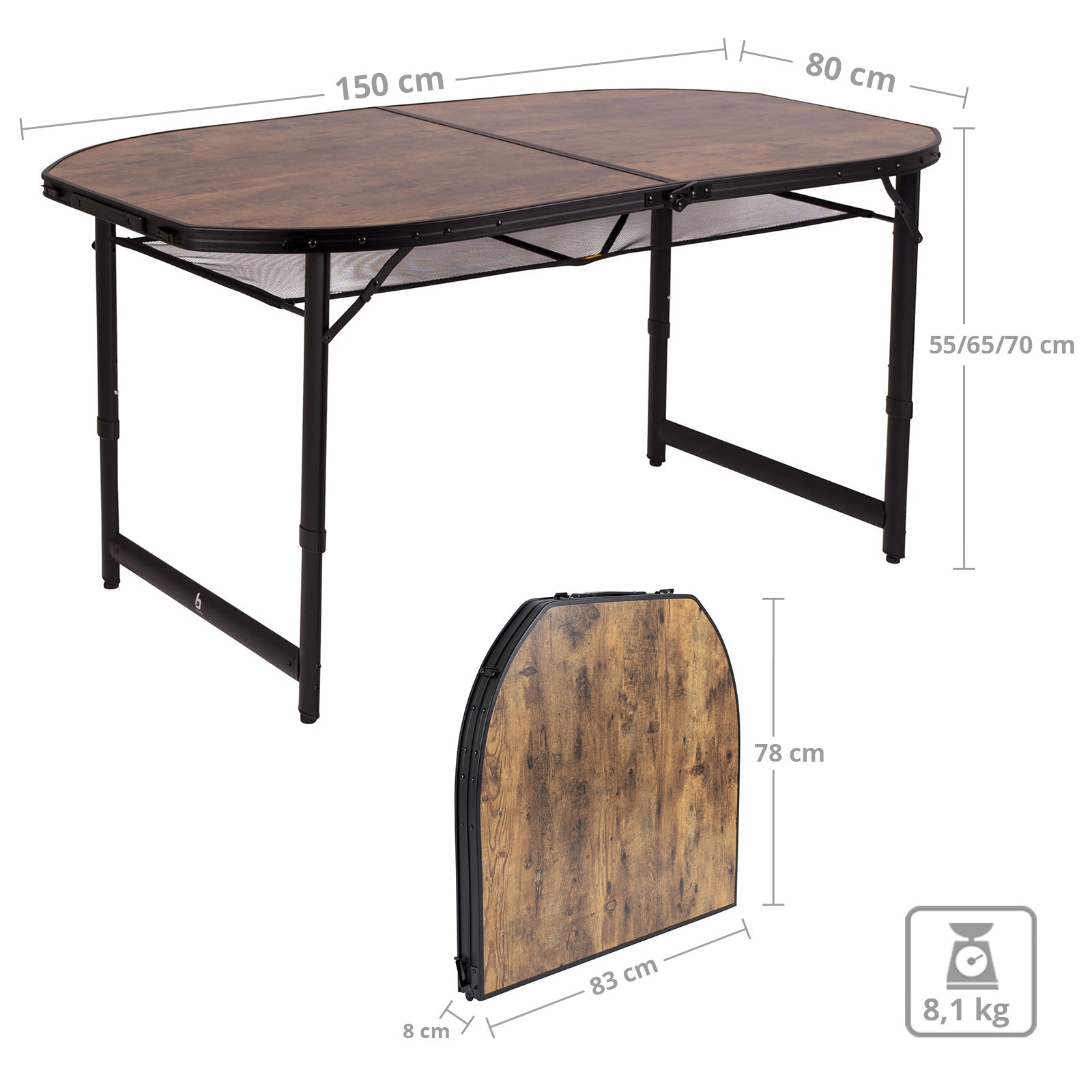 BO-CAMP Table de camping pliante Woodbine Table pliante pliable en aluminium 3 hauteurs