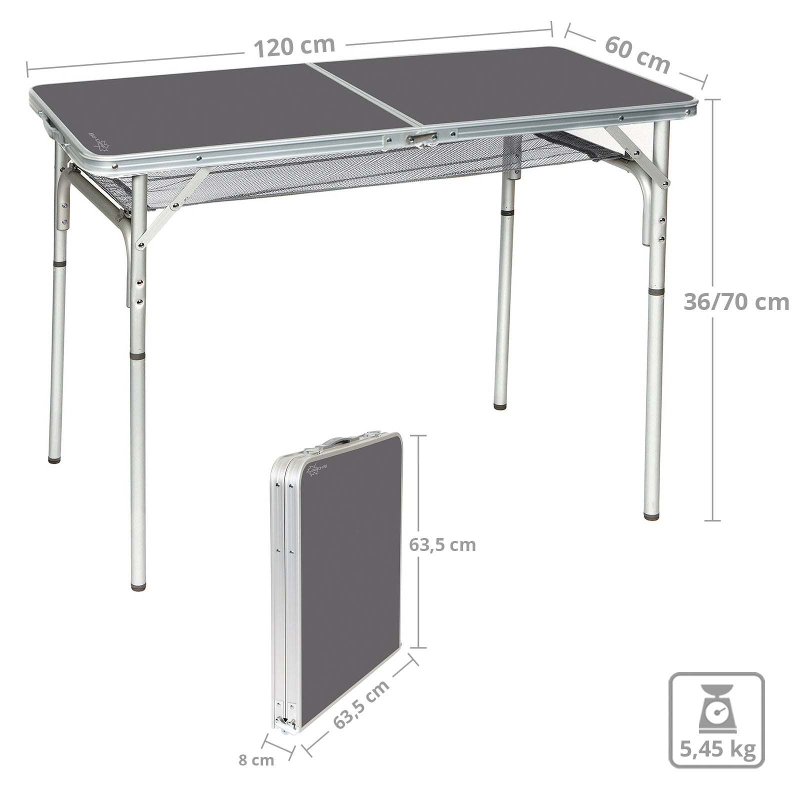 BO-CAMP Table de camping pliante en aluminium 2 hauteurs
