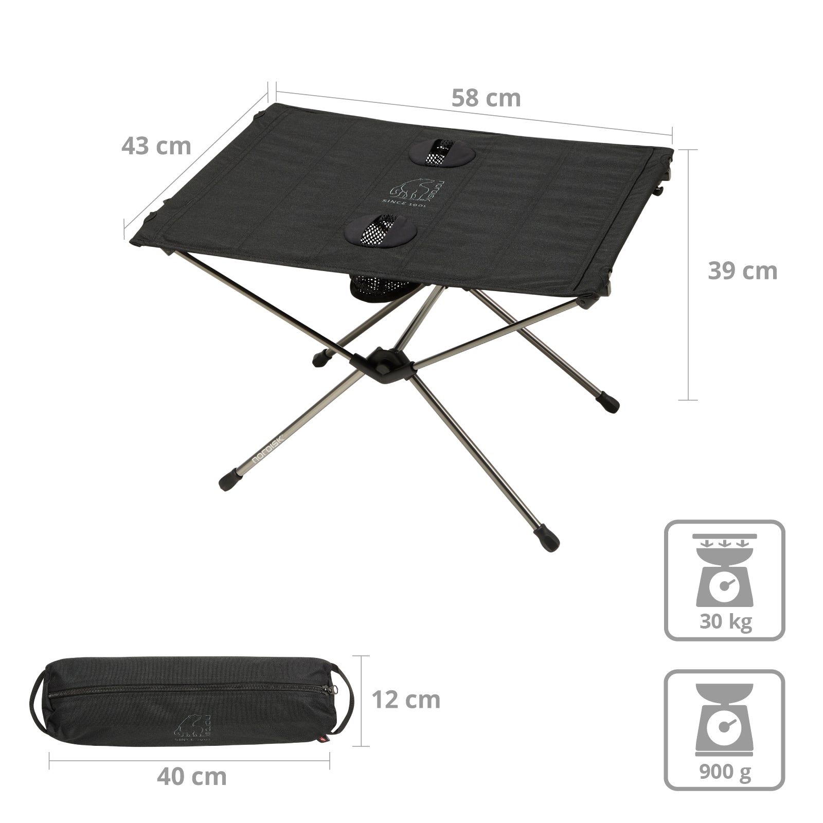 Table de camping NORDISK, table roulante, table pliante Risskov, table pliante, aluminium léger 58x39 cm