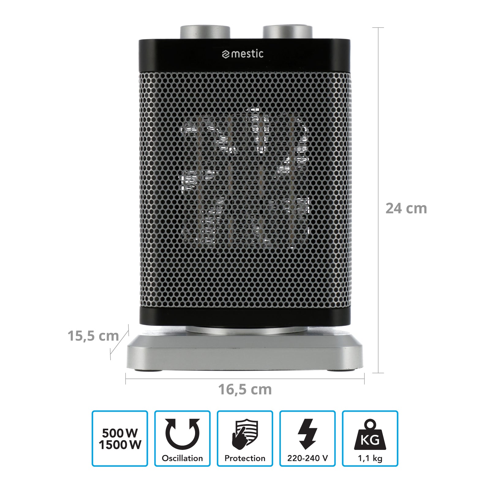 MESTIC Keramische heteluchtventilator MKK230 Camping Energiebesparend Stil Oscillerend 1500 W