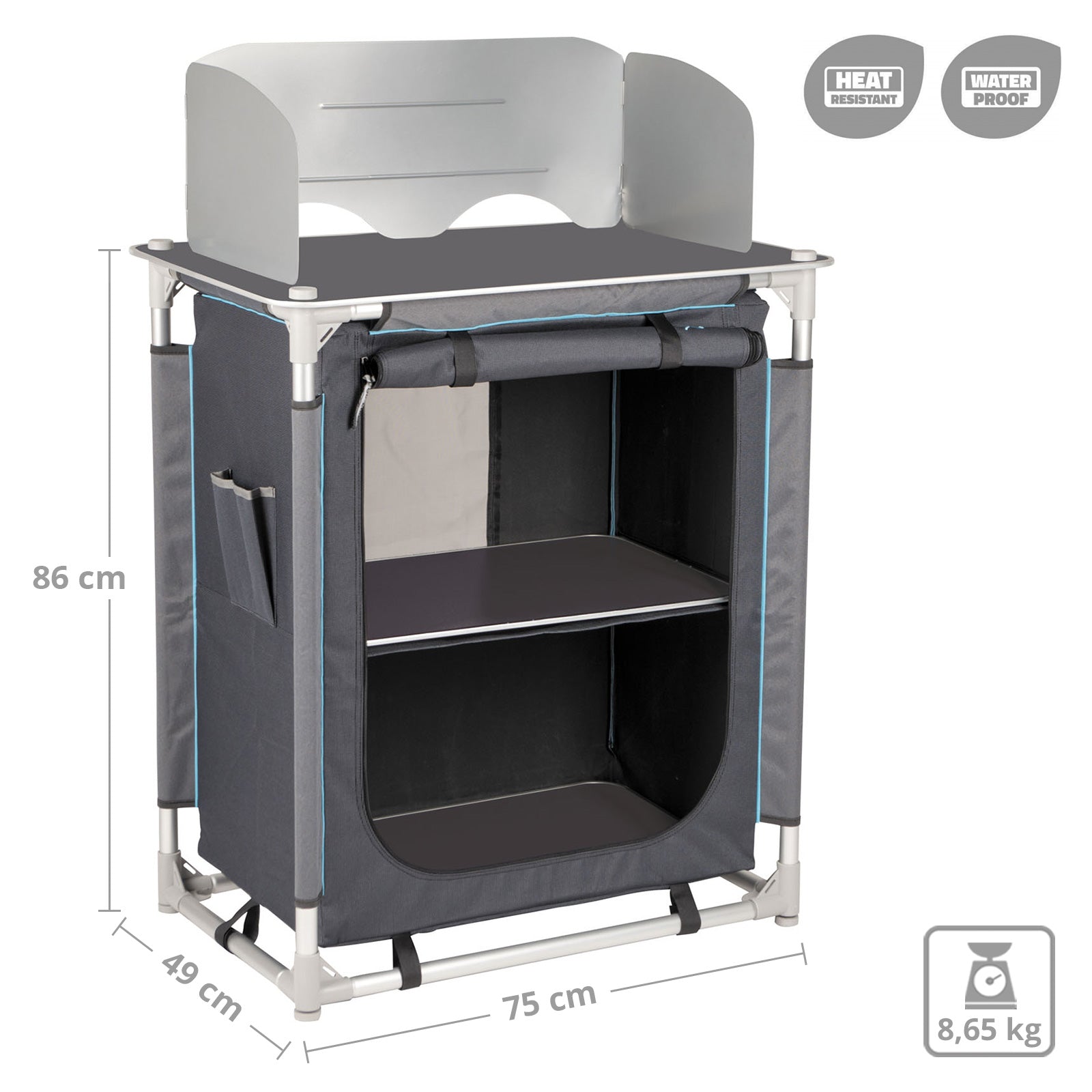 BO-CAMP Camping Voyage Cuisine Moraine Boîte de cuisine Armoire pliante Table Pare-vent en alu