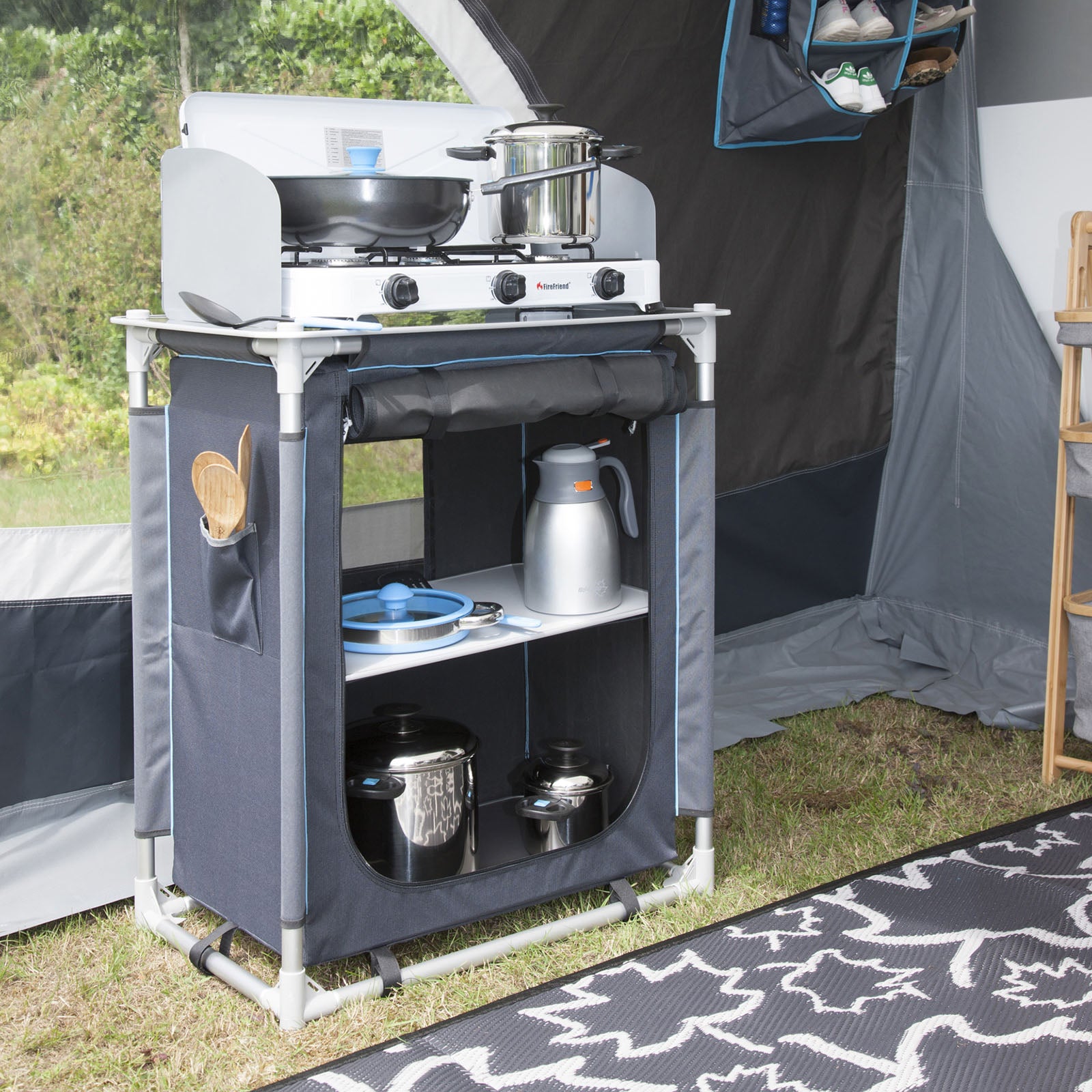 BO-CAMP Camping Reise Küche Moraine Küchen Box Falt Schrank Tisch Windschutz Alu