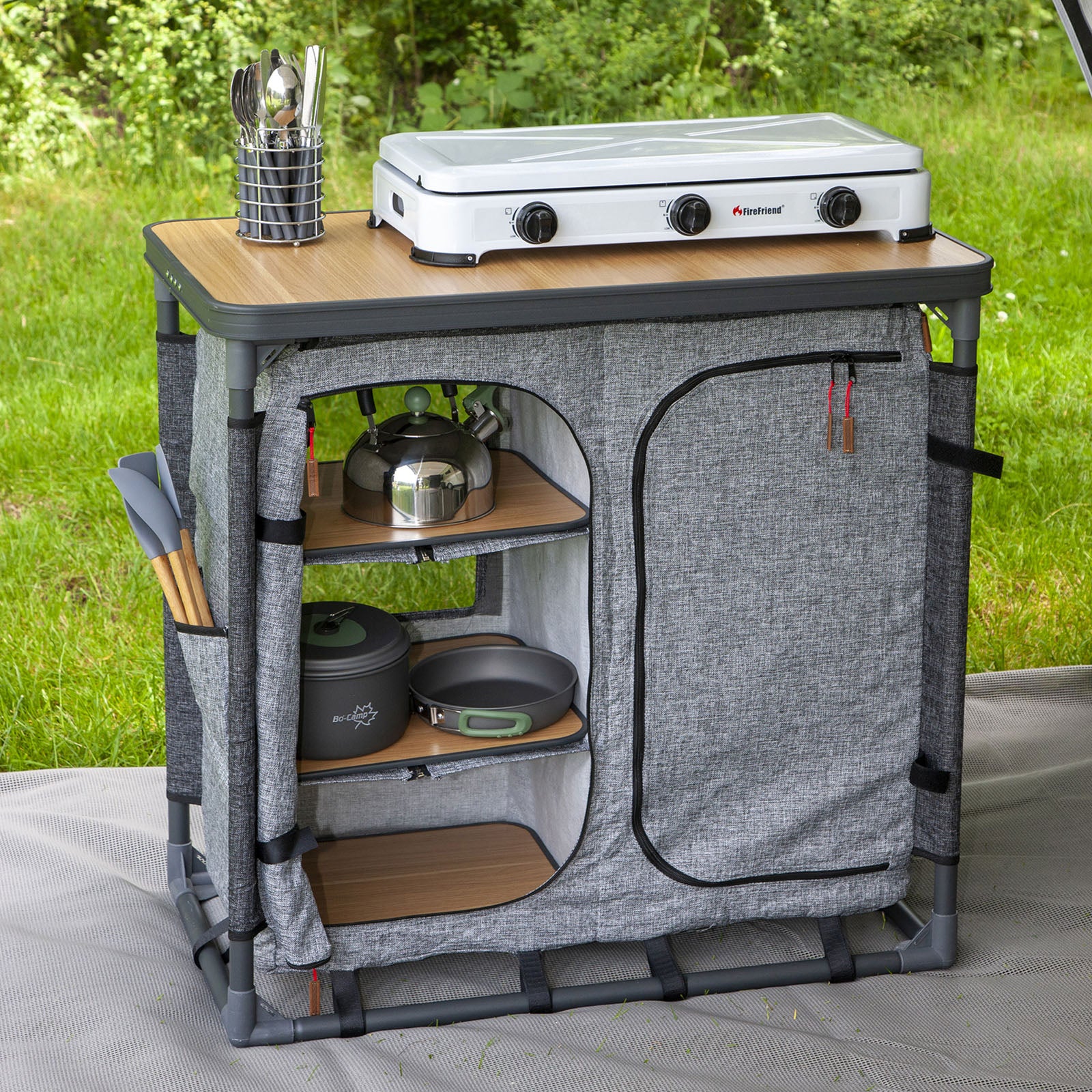 BO-CAMP Camping Kitchen XL Folding Cupboard Fabric Chest of Drawers Caravan Table Large Foldable