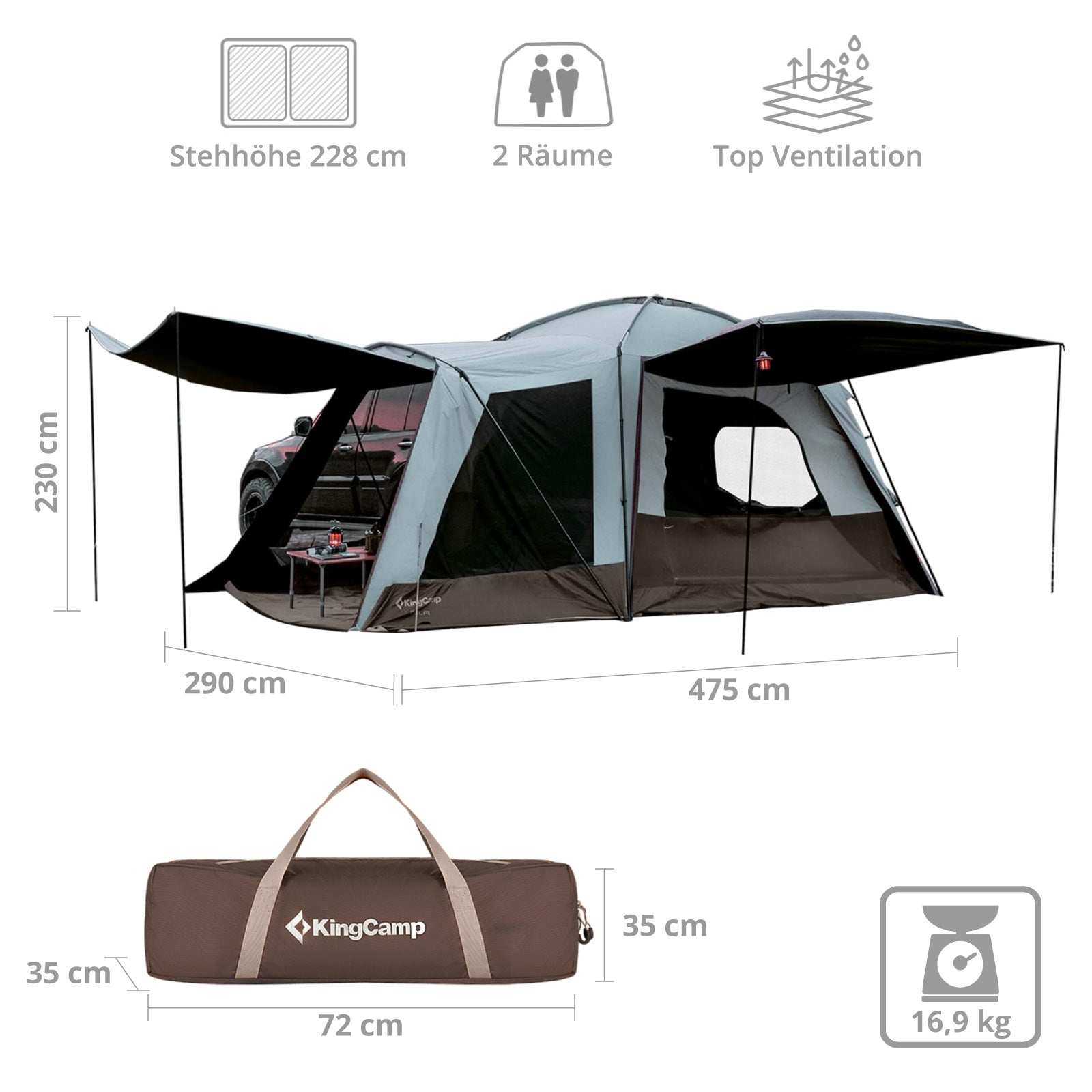 KINGCAMP Buszelt Heckzelt Hawly VW Bus Vorzelt Van Familien Camping Zelt 3000 mm