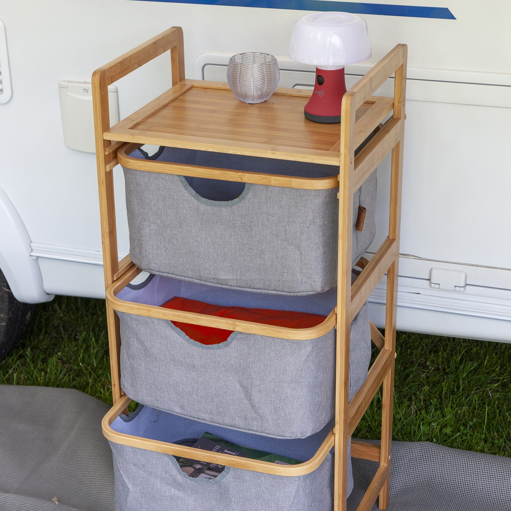 BO-CAMP Folding Wardrobe Selsdon Camping Clothes Shelf Drawers Furniture Bamboo Wood