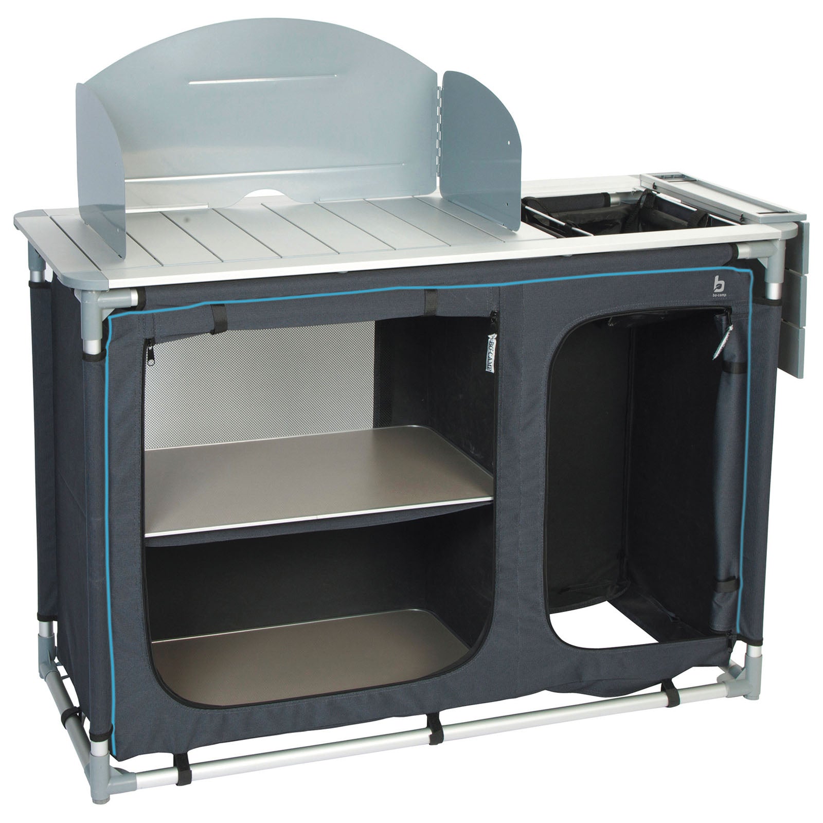 BO-CAMP Camping Voyage Cuisine Boîte de cuisine Armoire pliante Pare-vent Évier en aluminium
