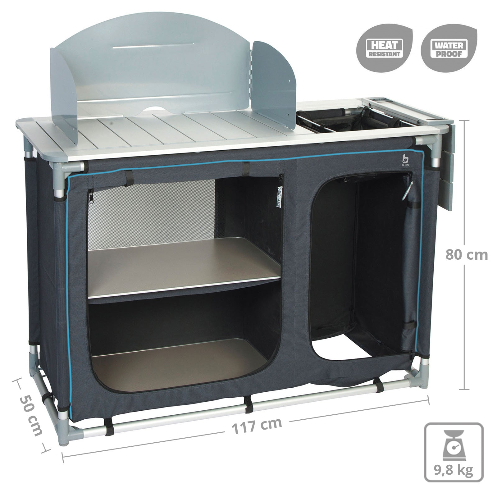 BO-CAMP Camping Voyage Cuisine Boîte de cuisine Armoire pliante Pare-vent Évier en aluminium