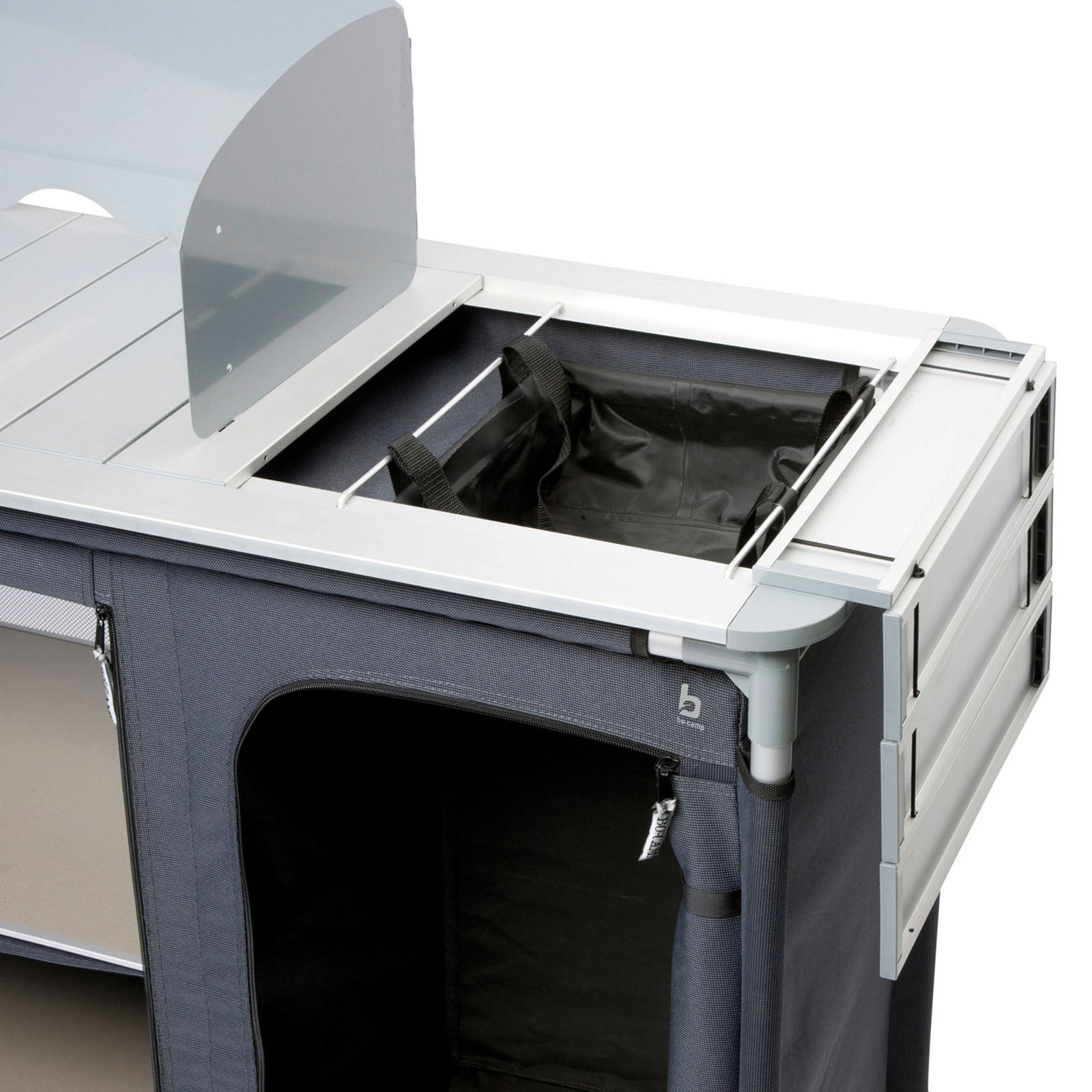 BO-CAMP Camping Voyage Cuisine Boîte de cuisine Armoire pliante Pare-vent Évier en aluminium