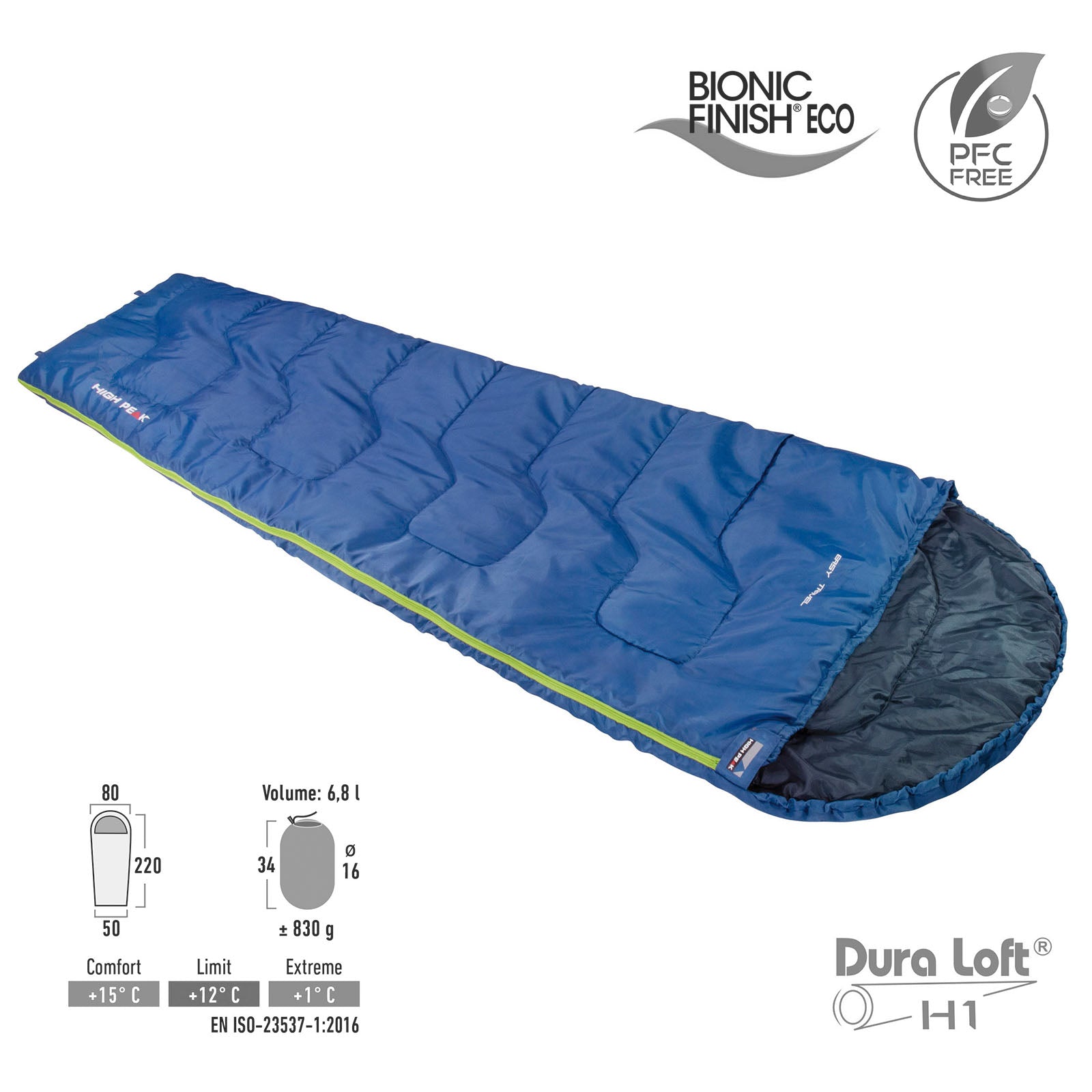 HIGH PEAK Mumienschlafsack Easy Travel Sommer Trekking Schlafsack XL 2,2 m 830 g