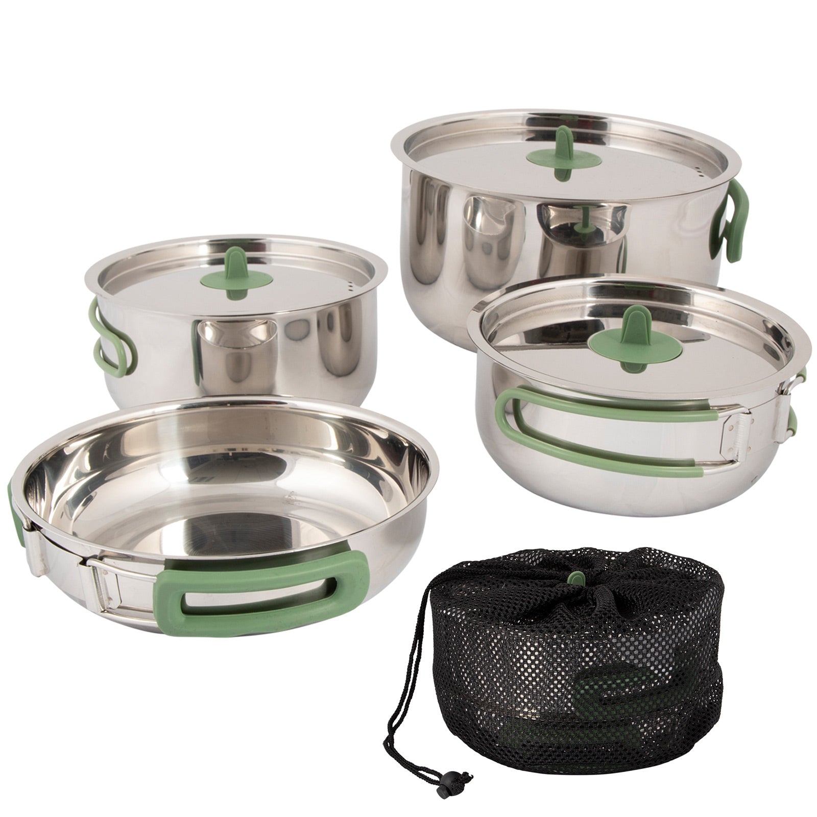 BO-CAMP Koch Set 4teilig Camping Küche Topf Pfanne Geschirr stapelbar Edelstahl