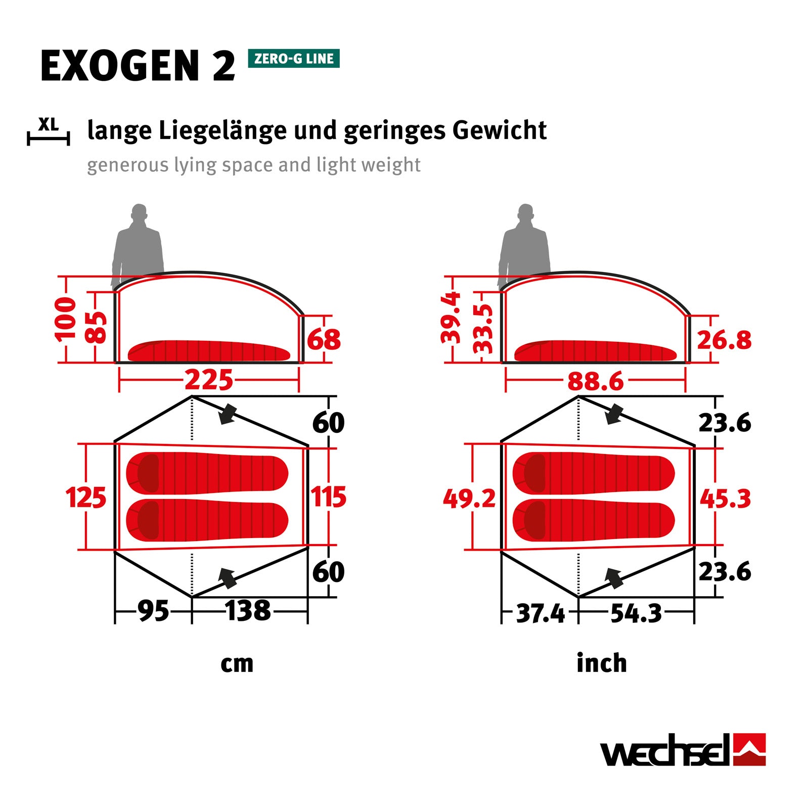 WECHSEL Trekkingzelt Exogen 2 Personen Geodät Camping Fahrrad Biwak Zelt 1,93 kg