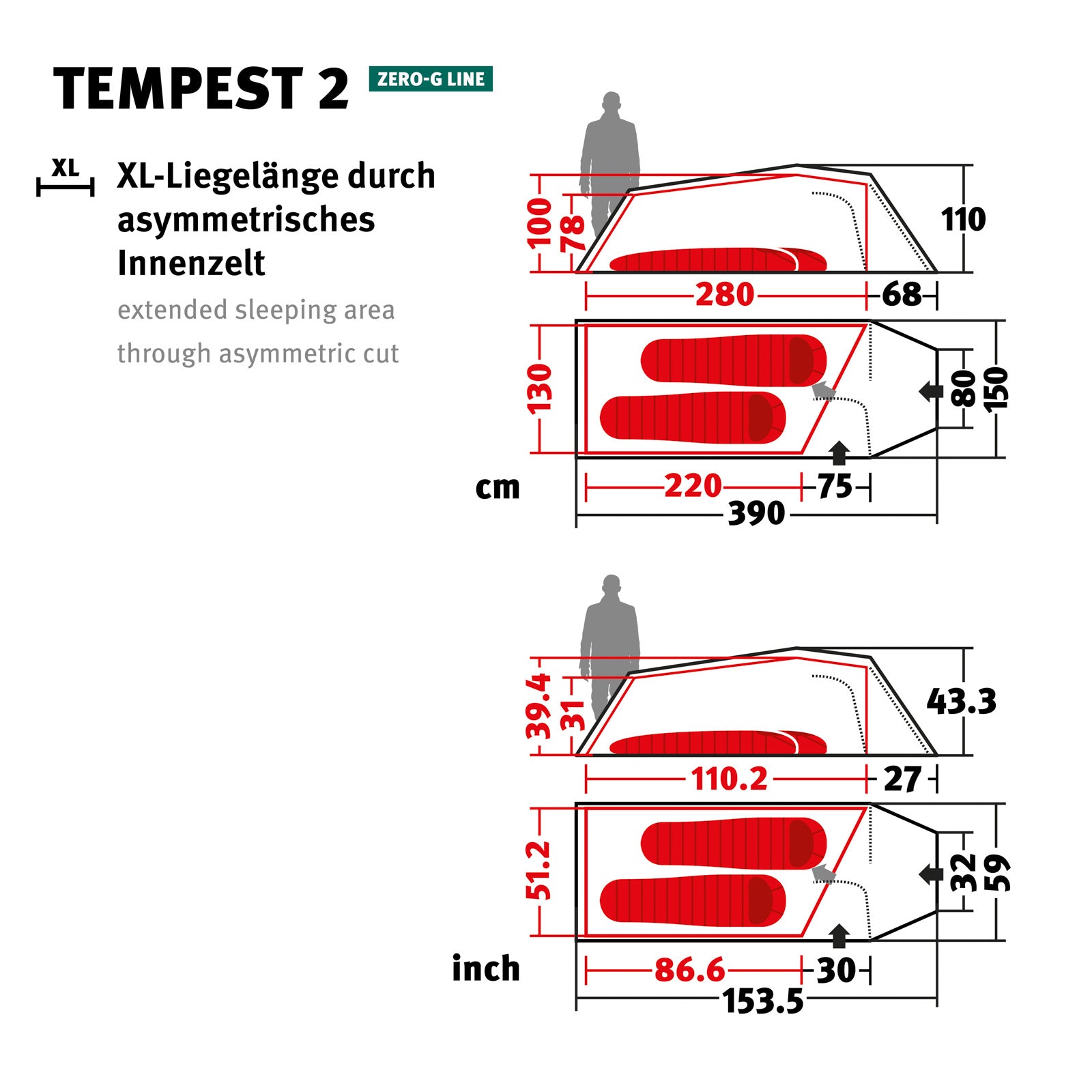 WECHSEL Tente de randonnée Tempest 2 personnes, tente tunnel de camping et de vélo, tente de bivouac, 2,19 kg