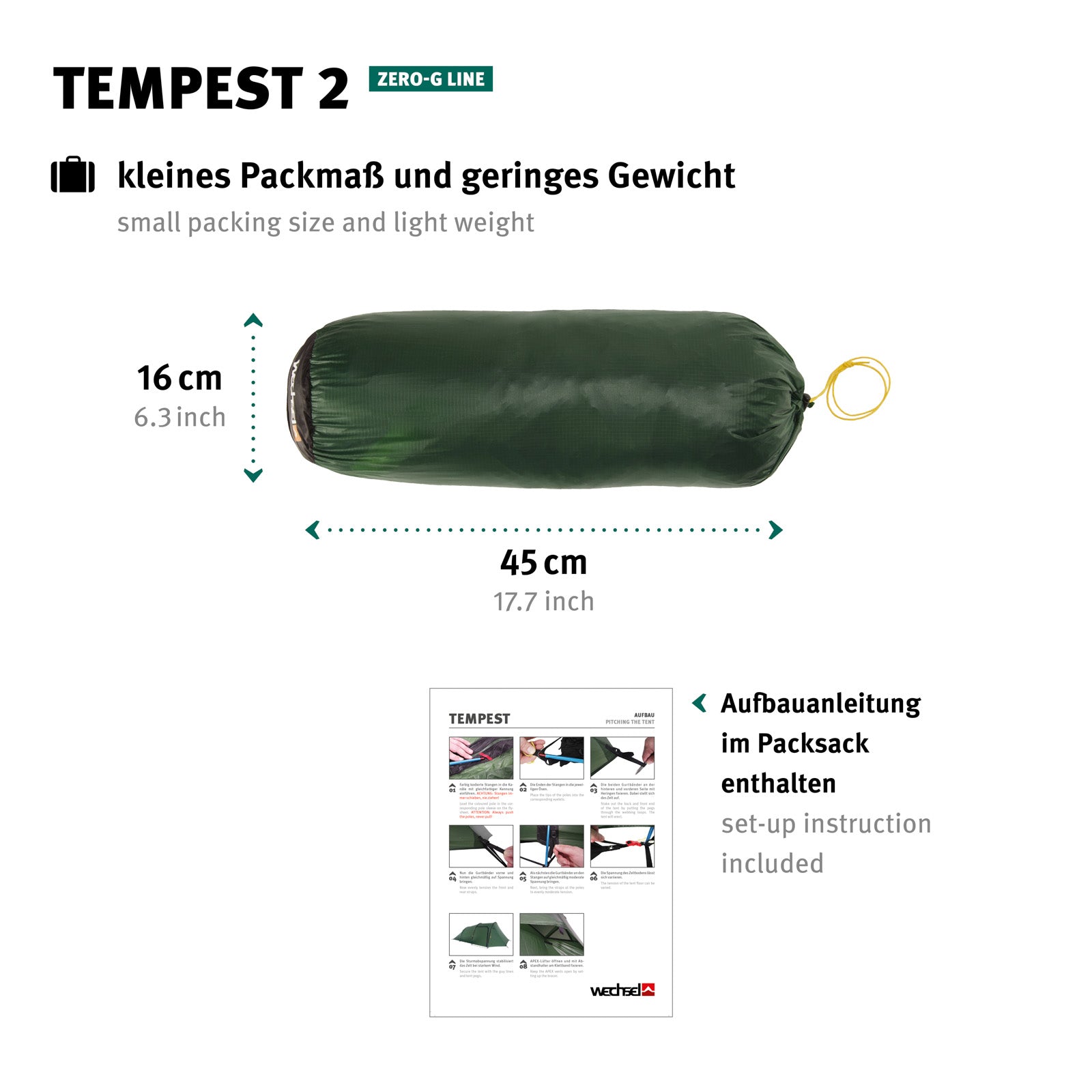 WECHSEL Trekkingzelt Tempest 2 Personen Tunnel Camping Fahrrad Biwak Zelt 2,19kg