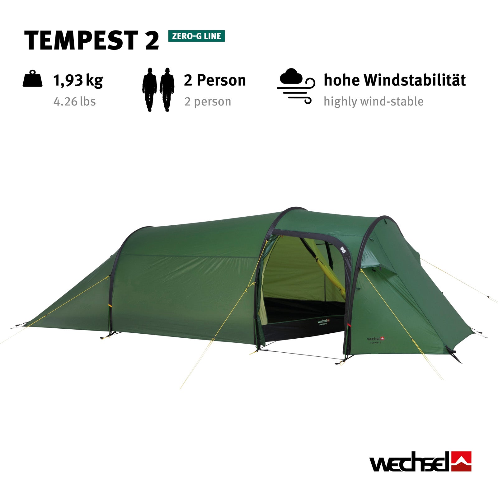 WECHSEL Trekkingzelt Tempest 2 Personen Tunnel Camping Fahrrad Biwak Zelt 2,19kg