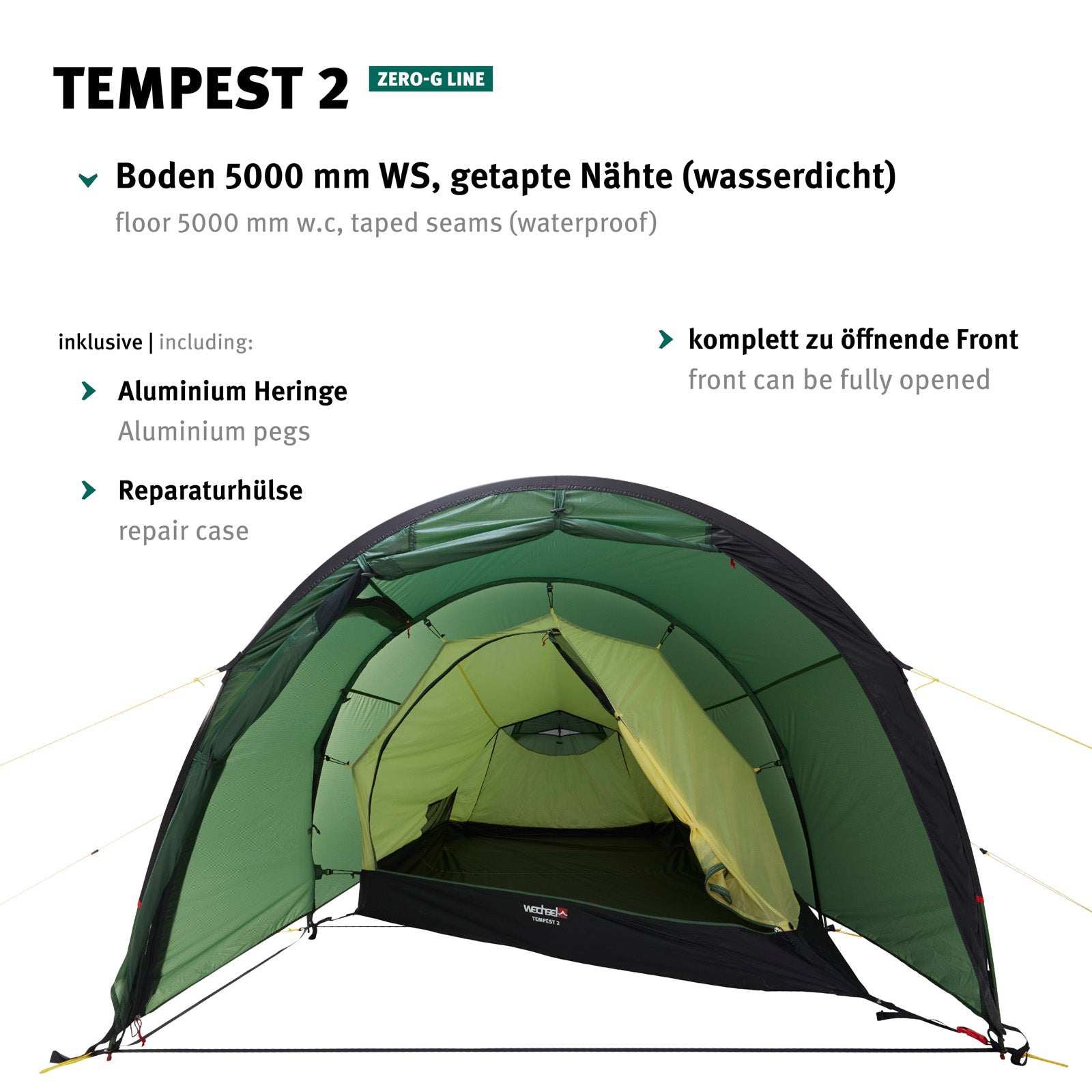 WECHSEL Trekkingzelt Tempest 2 Personen Tunnel Camping Fahrrad Biwak Zelt 2,19kg