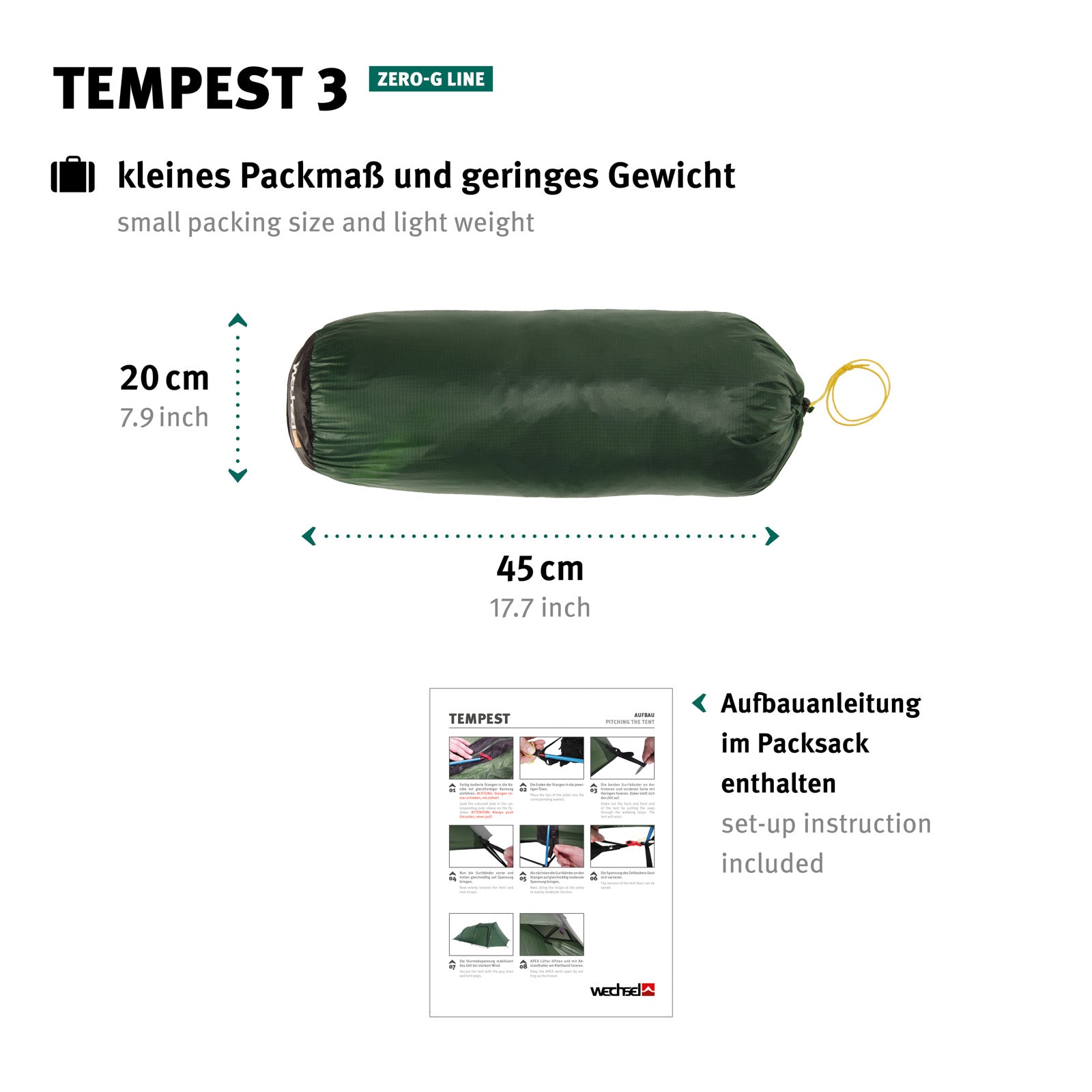 WECHSEL Trekkingzelt Tempest 3 Personen Tunnel Camping Fahrrad Biwak Zelt 2,85kg