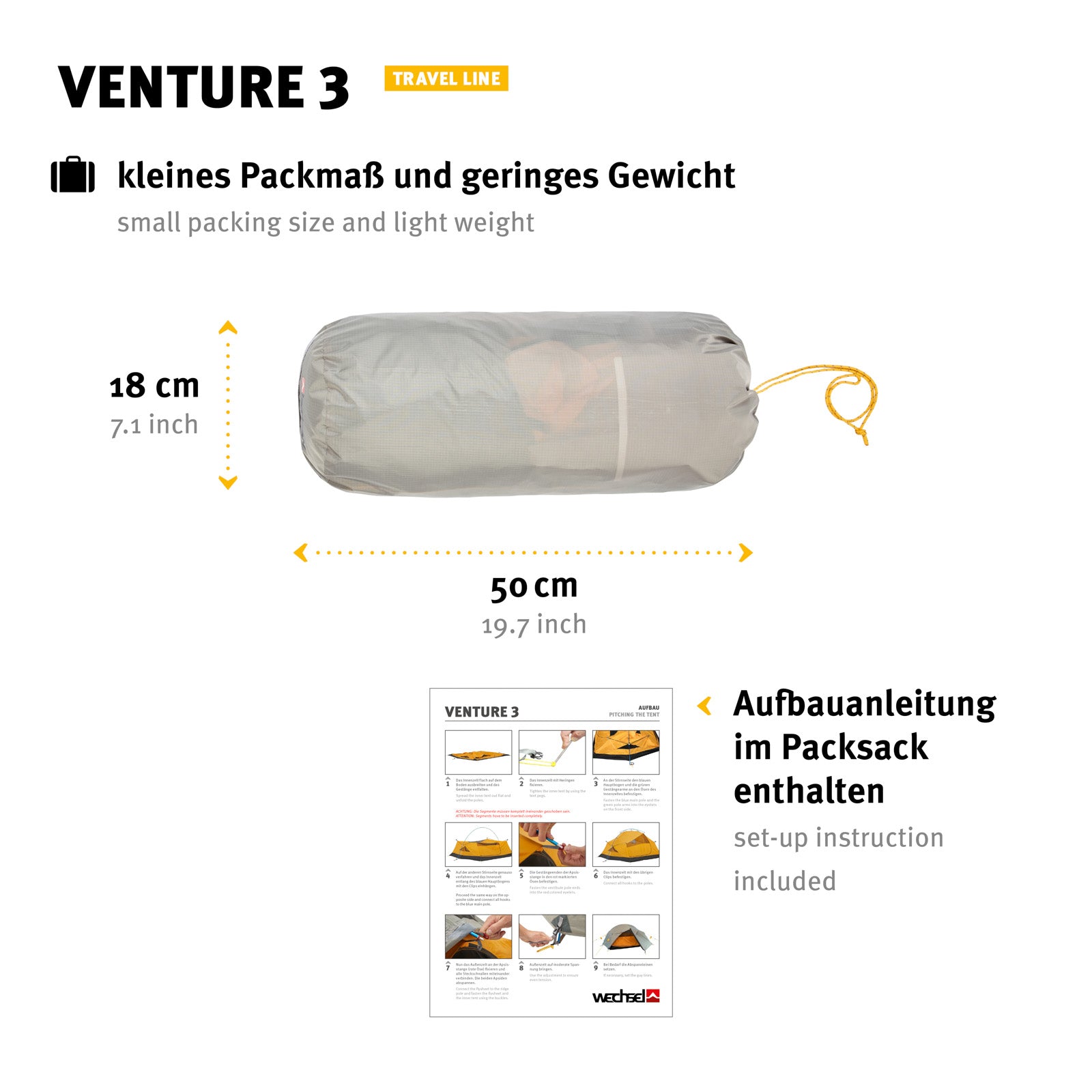 WECHSEL Trekkingtent Venture 3-persoons kampeertent Fietstent Koepeltent Bivak 3,14 kg