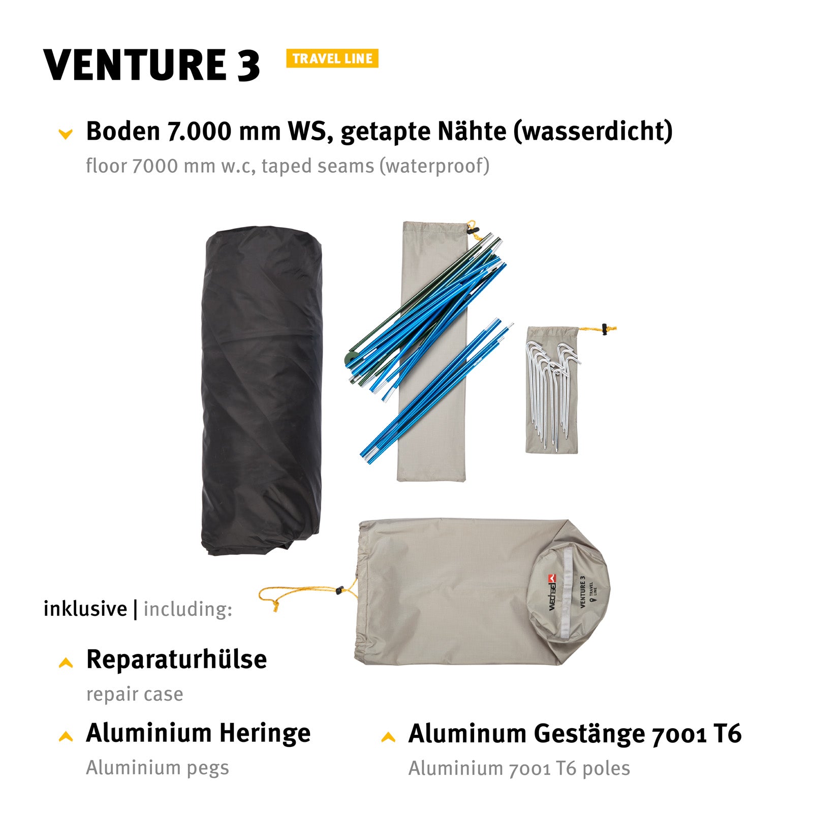 WECHSEL Trekkingtent Venture 3-persoons kampeertent Fietstent Koepeltent Bivak 3,14 kg