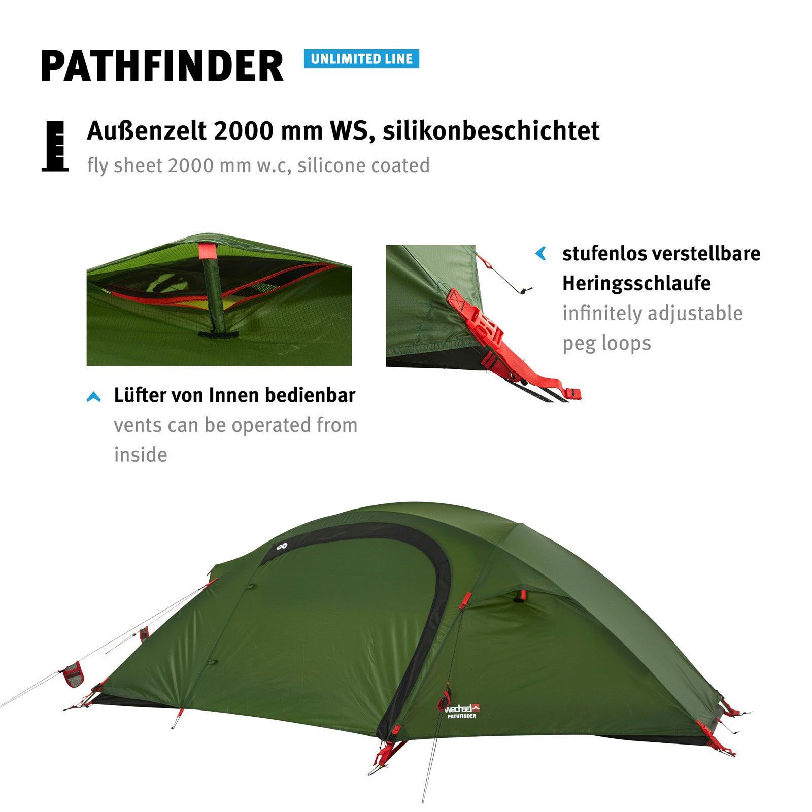 WECHSEL Pathfinder 1-persoons trekking- en kampeertent, geodetische fiets- en kampeertent, 2,3 kg